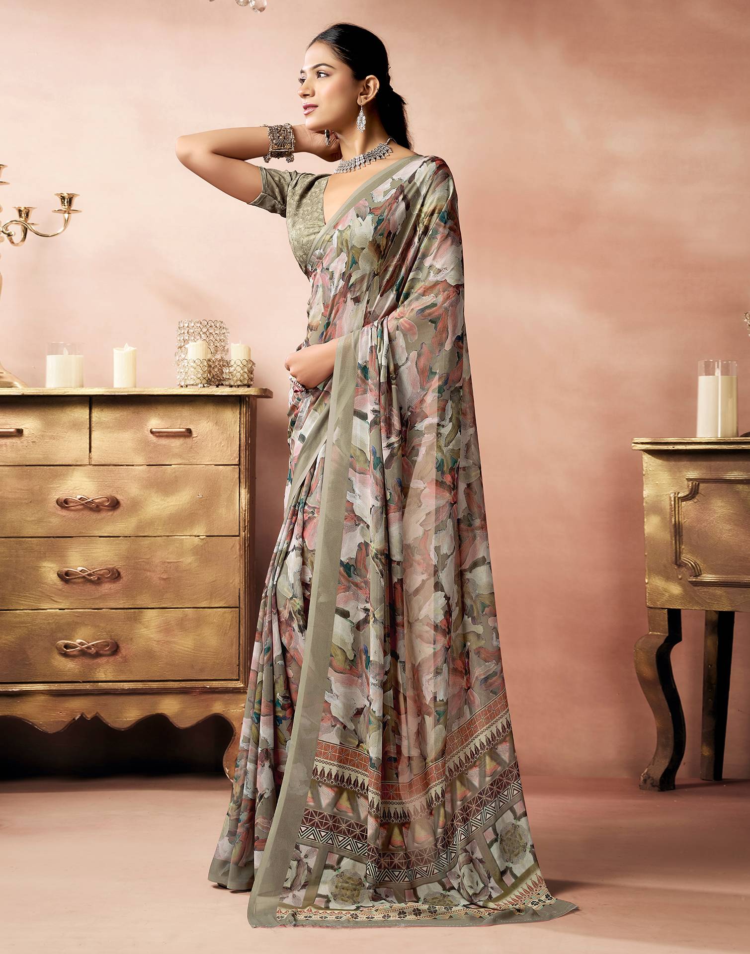 Khaki Georgette Printed Saree