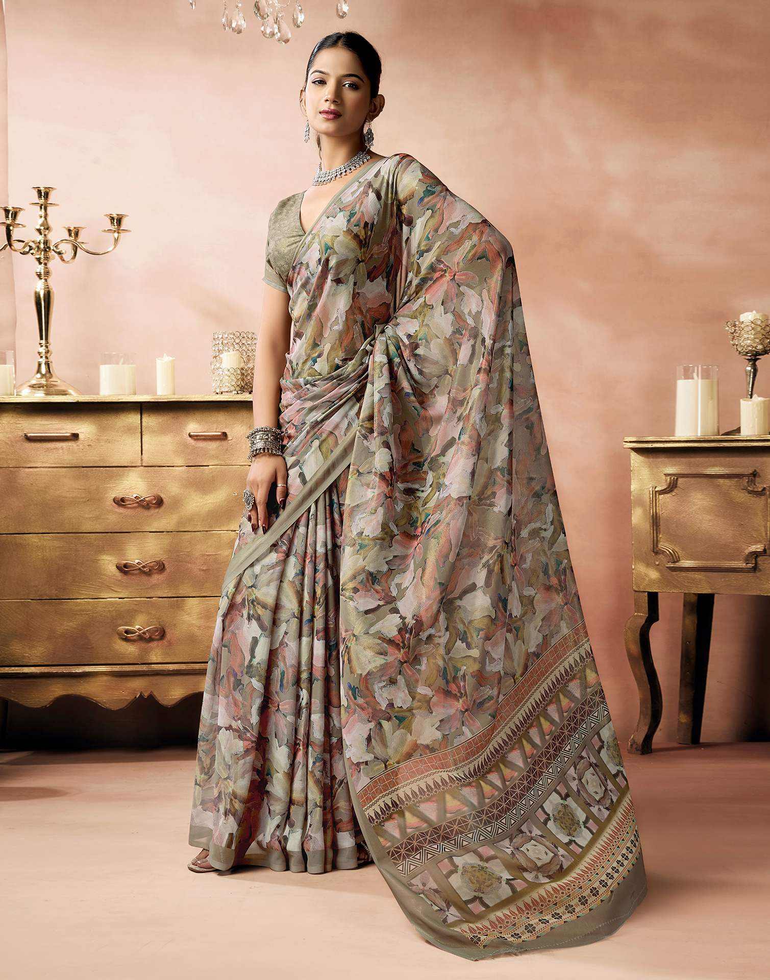 Khaki Georgette Printed Saree