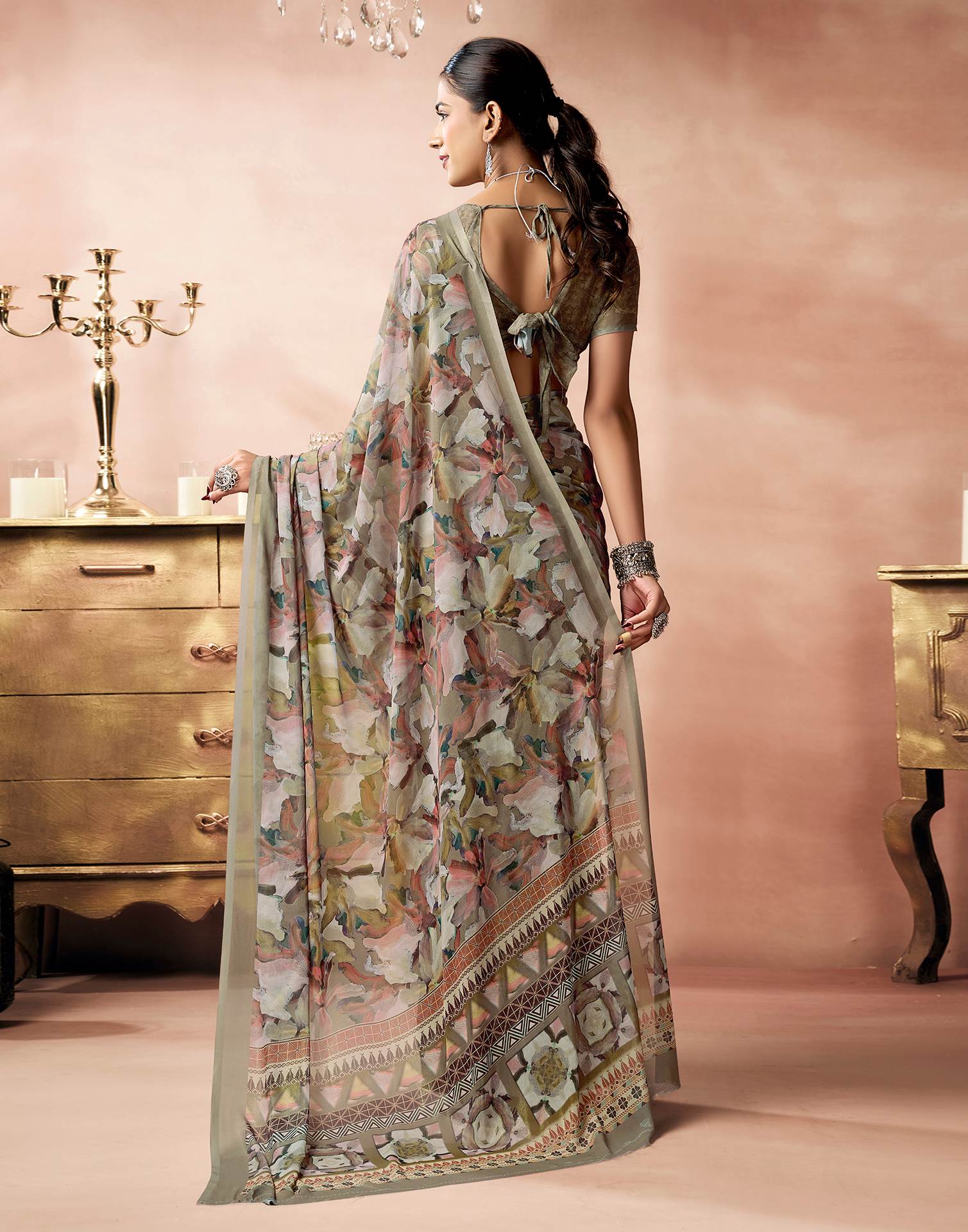 Khaki Georgette Printed Saree