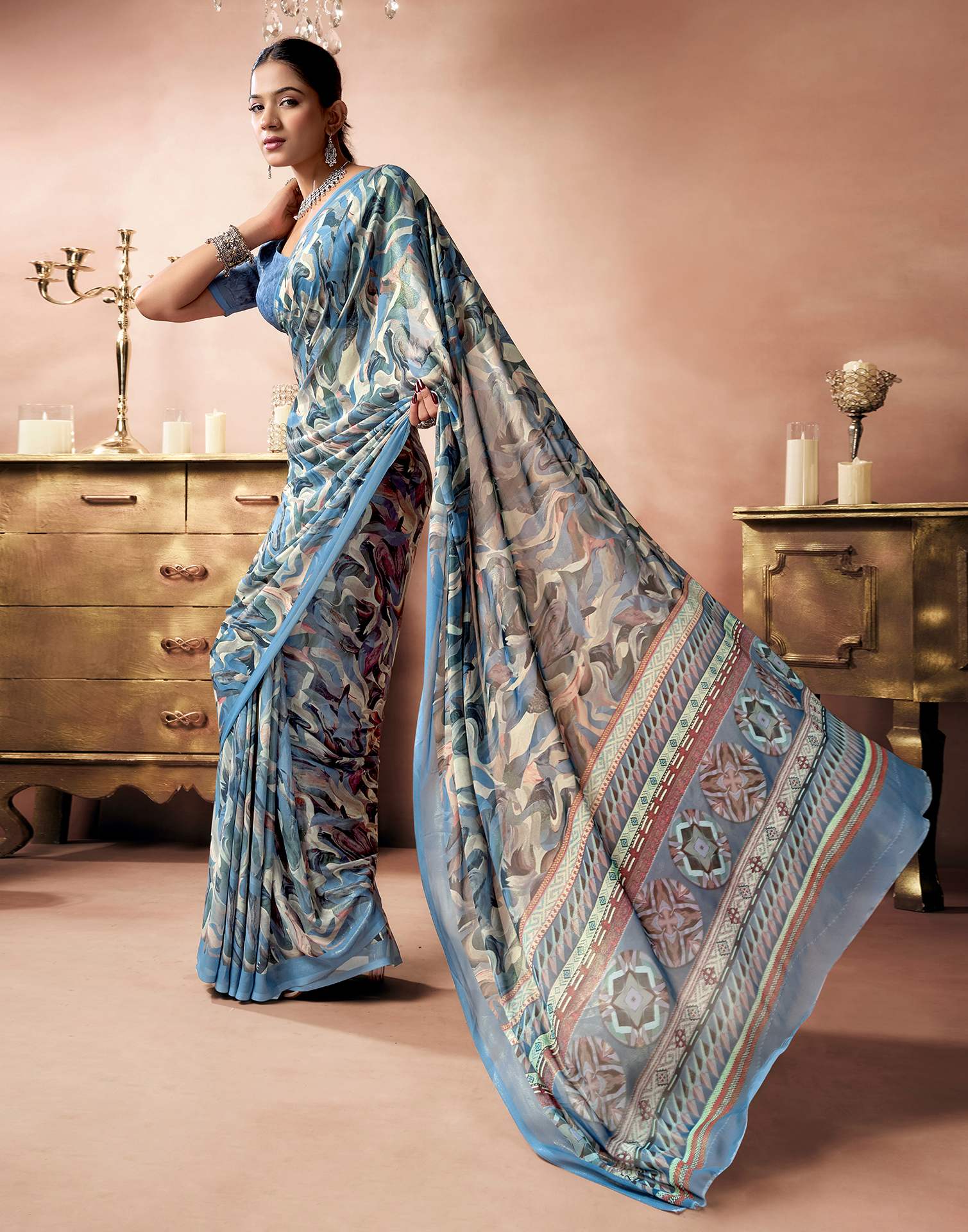 Dusty Blue Georgette Printed Saree