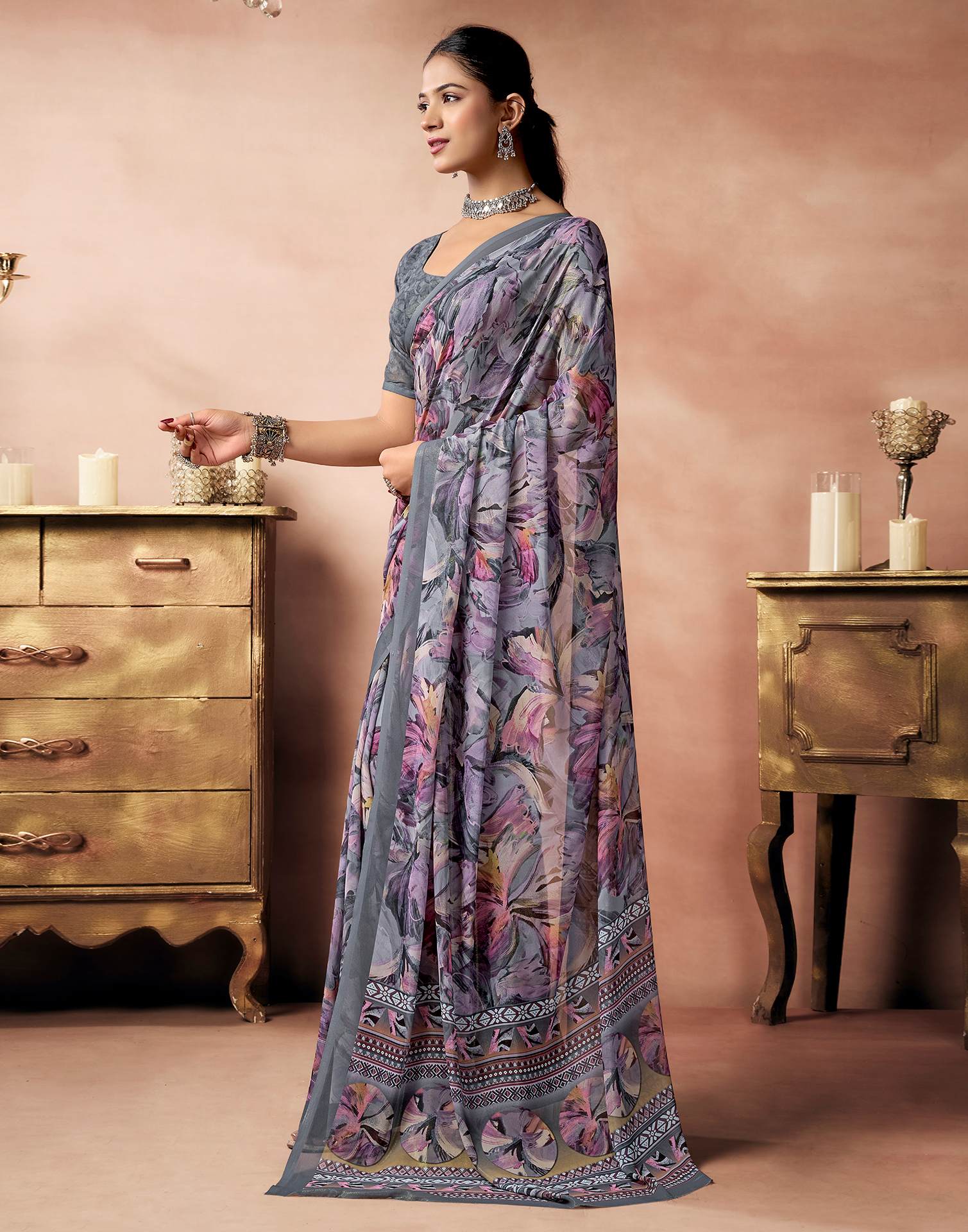 Grey Georgette Printed Saree