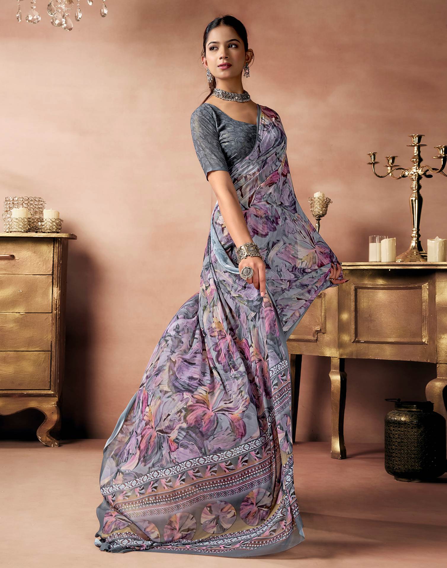 Grey Georgette Printed Saree