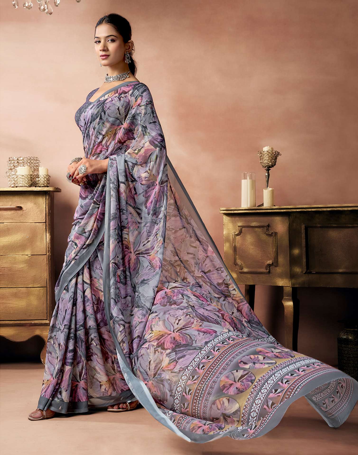 Grey Georgette Printed Saree