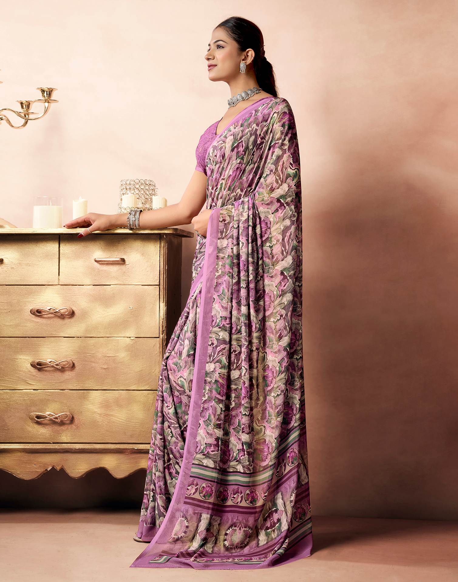 Dusty Rose Pink Georgette Printed Saree