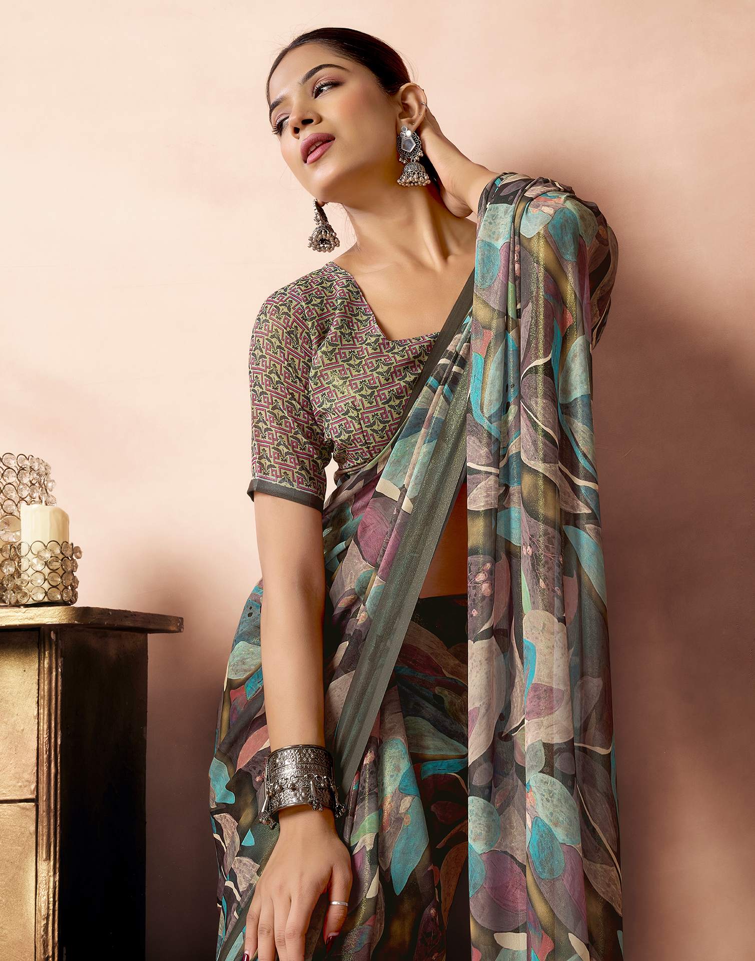 Olive Green Georgette Printed Saree