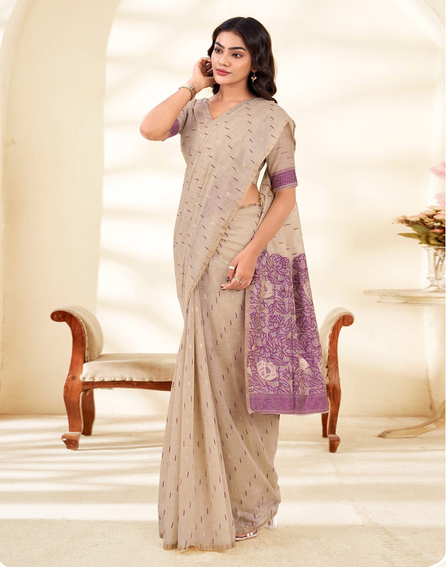 Beige Cotton Woven Printed Saree