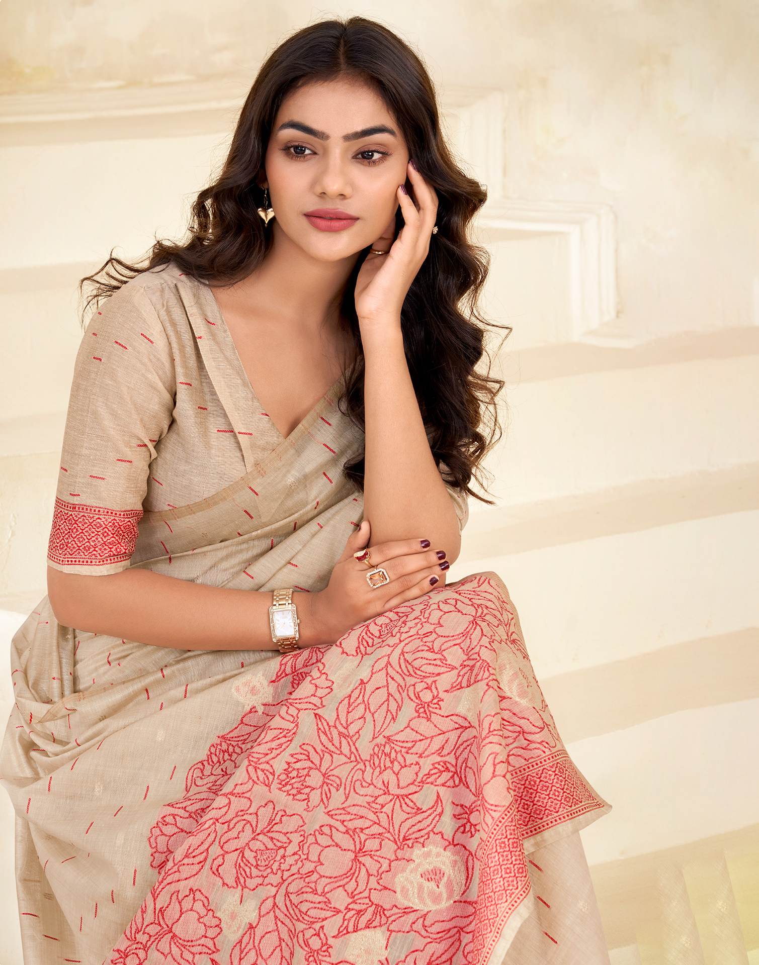 Beige Cotton Woven Printed Saree