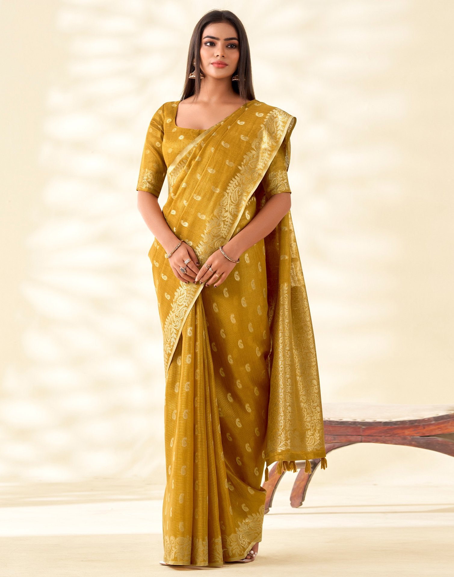Mustard Yellow Tissue Linen Woven Saree