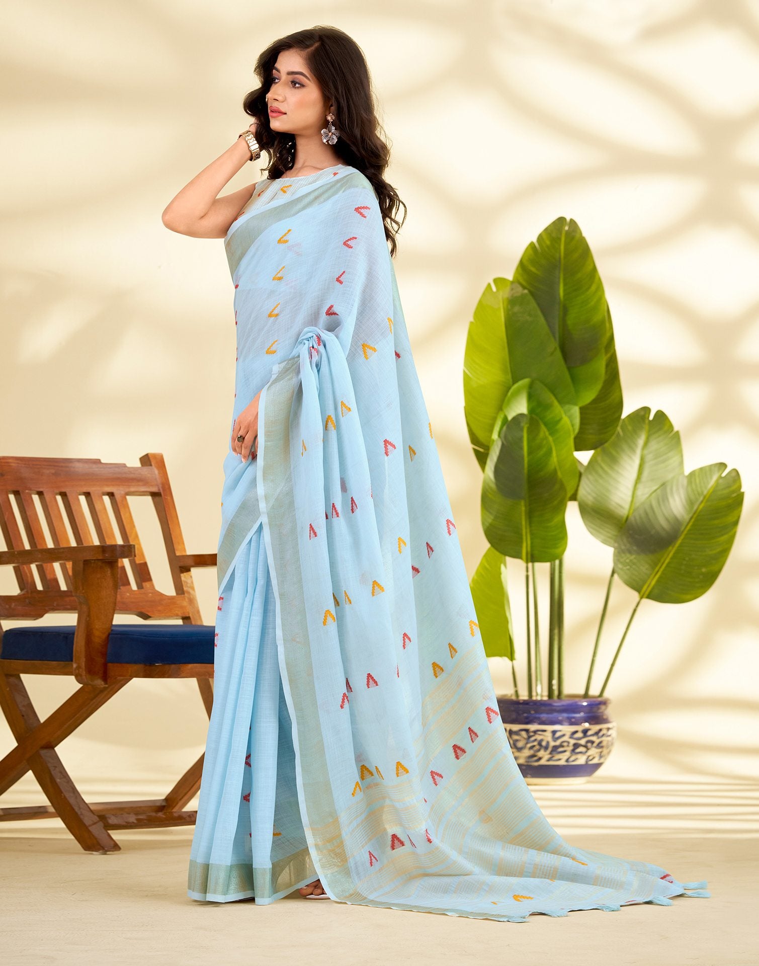 Light Blue Linen Silk Woven Saree