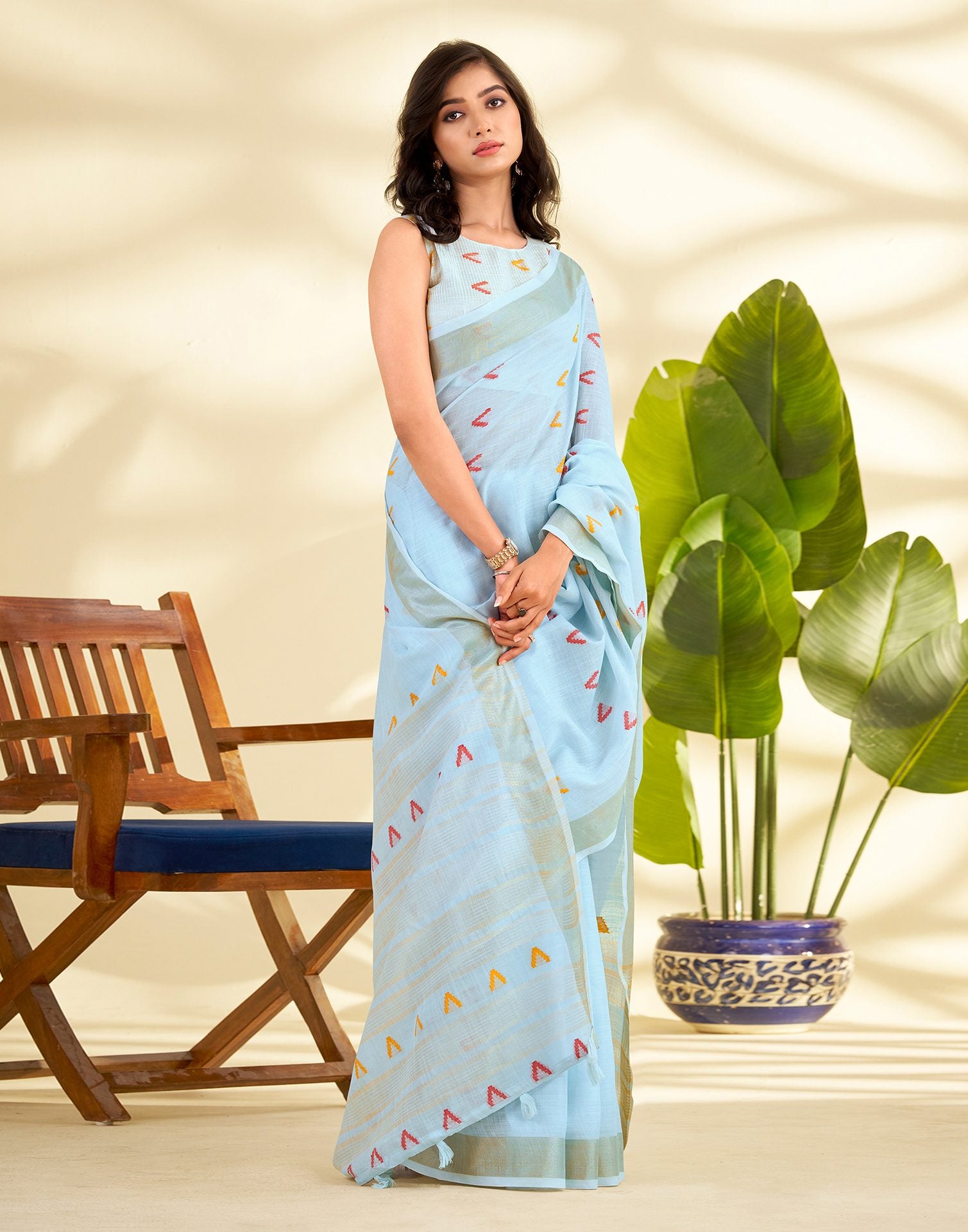 Light Blue Linen Silk Woven Saree