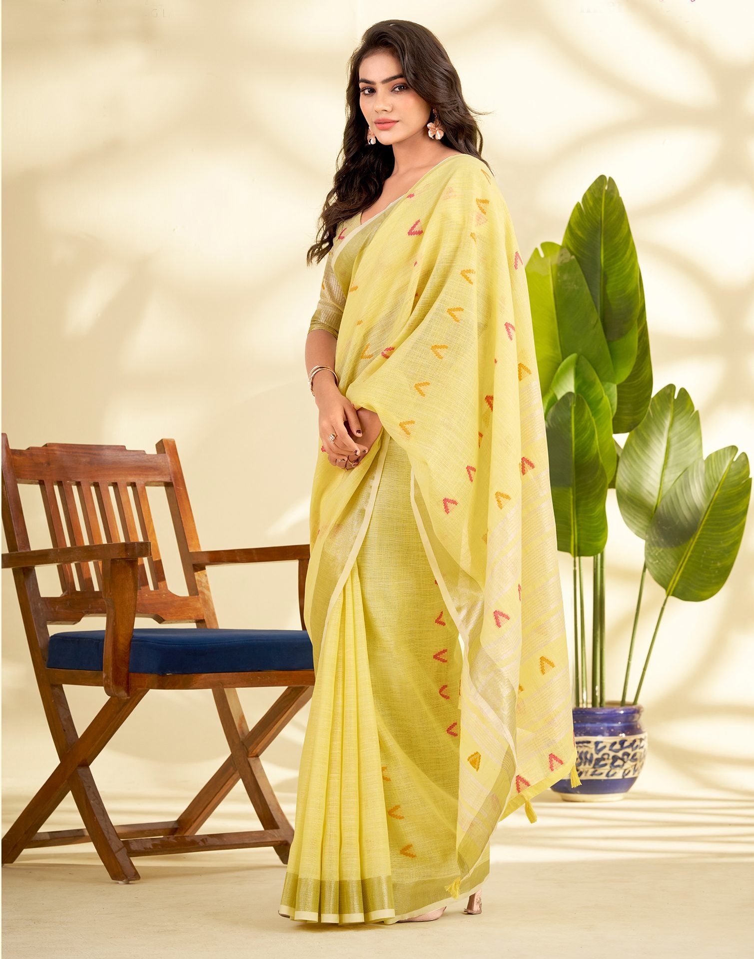 Light Yellow Linen Silk Woven Saree