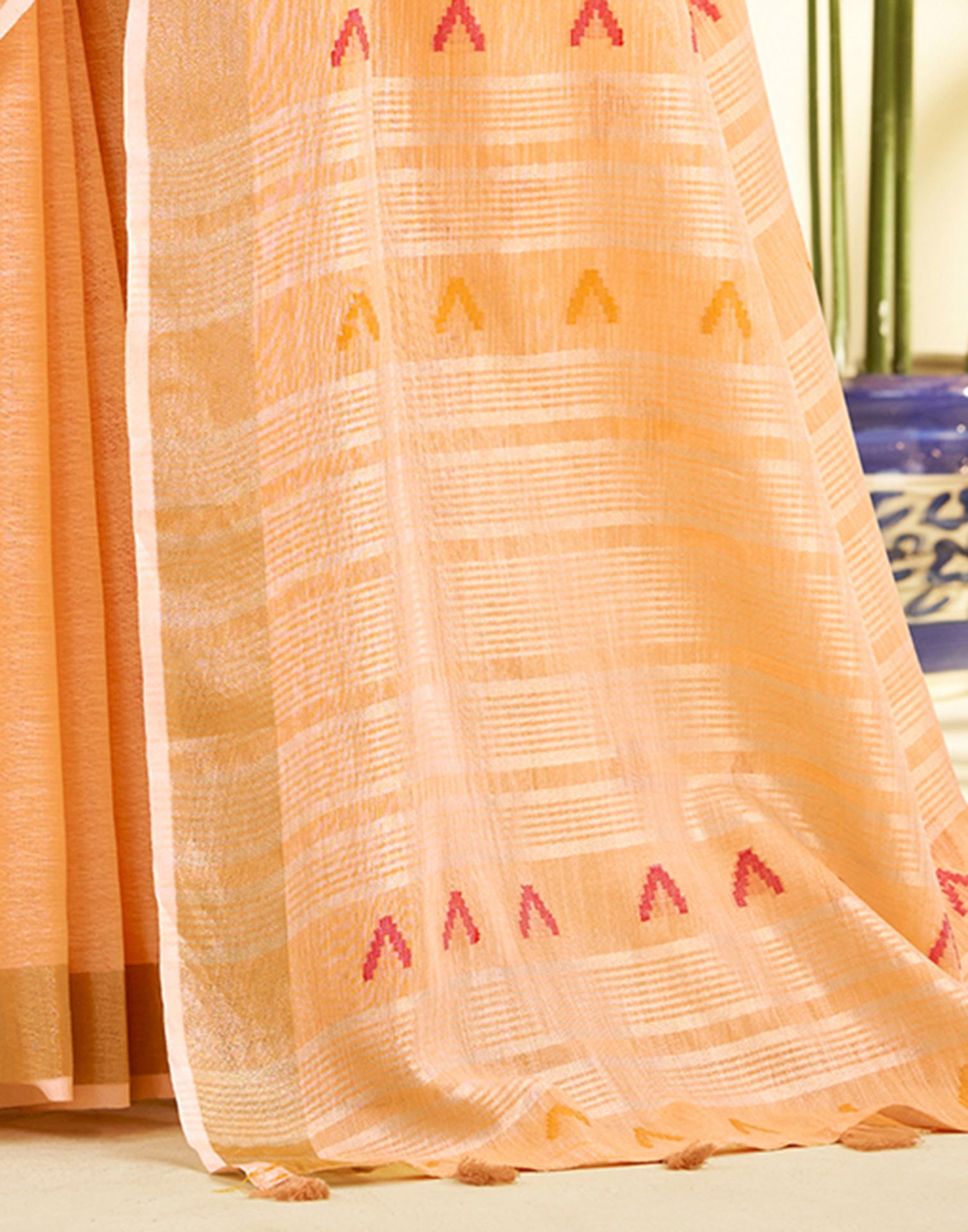 Peach Linen Silk Woven Saree