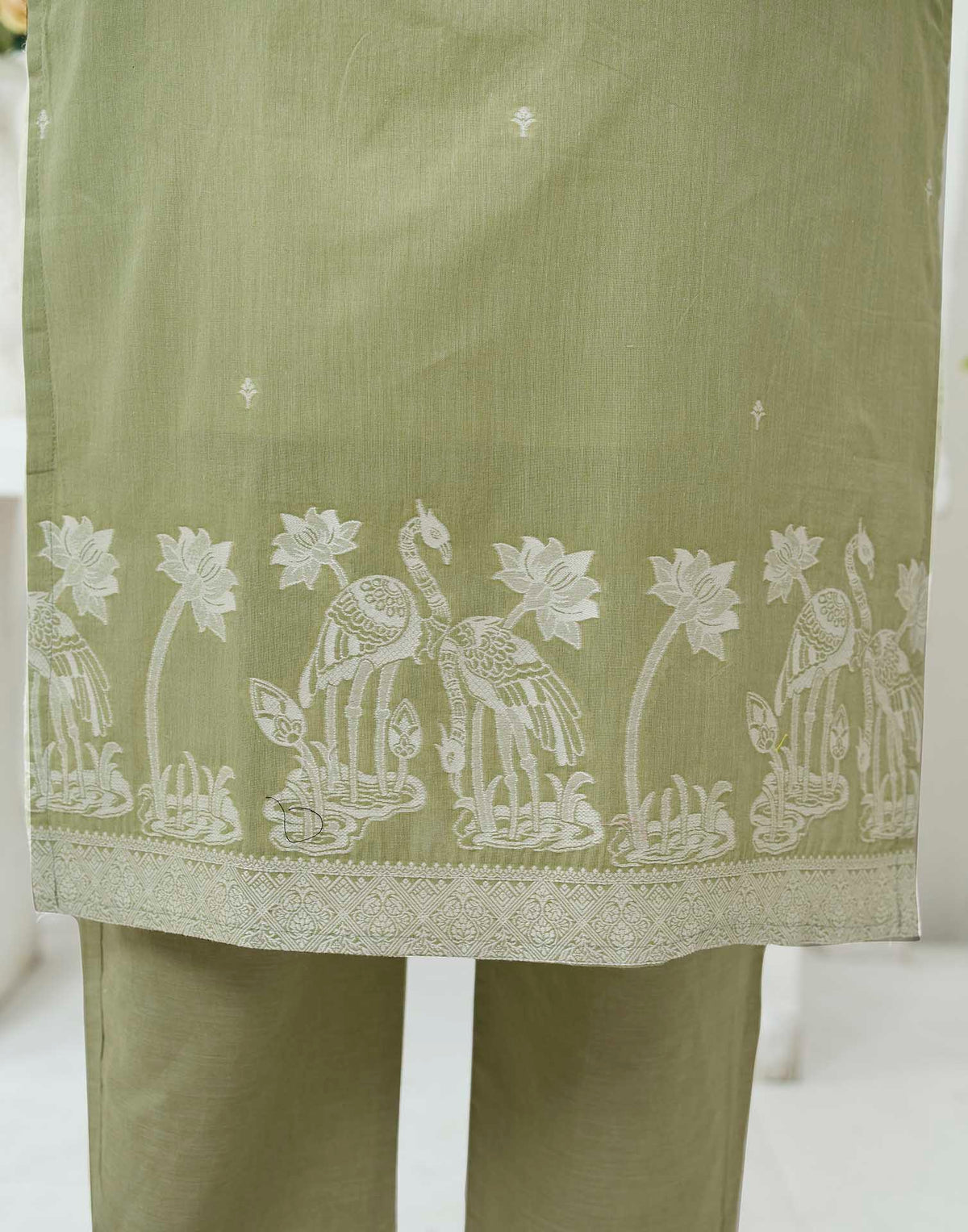 Olive Green Pure Cotton Woven Straight Kurta Set With Dupatta