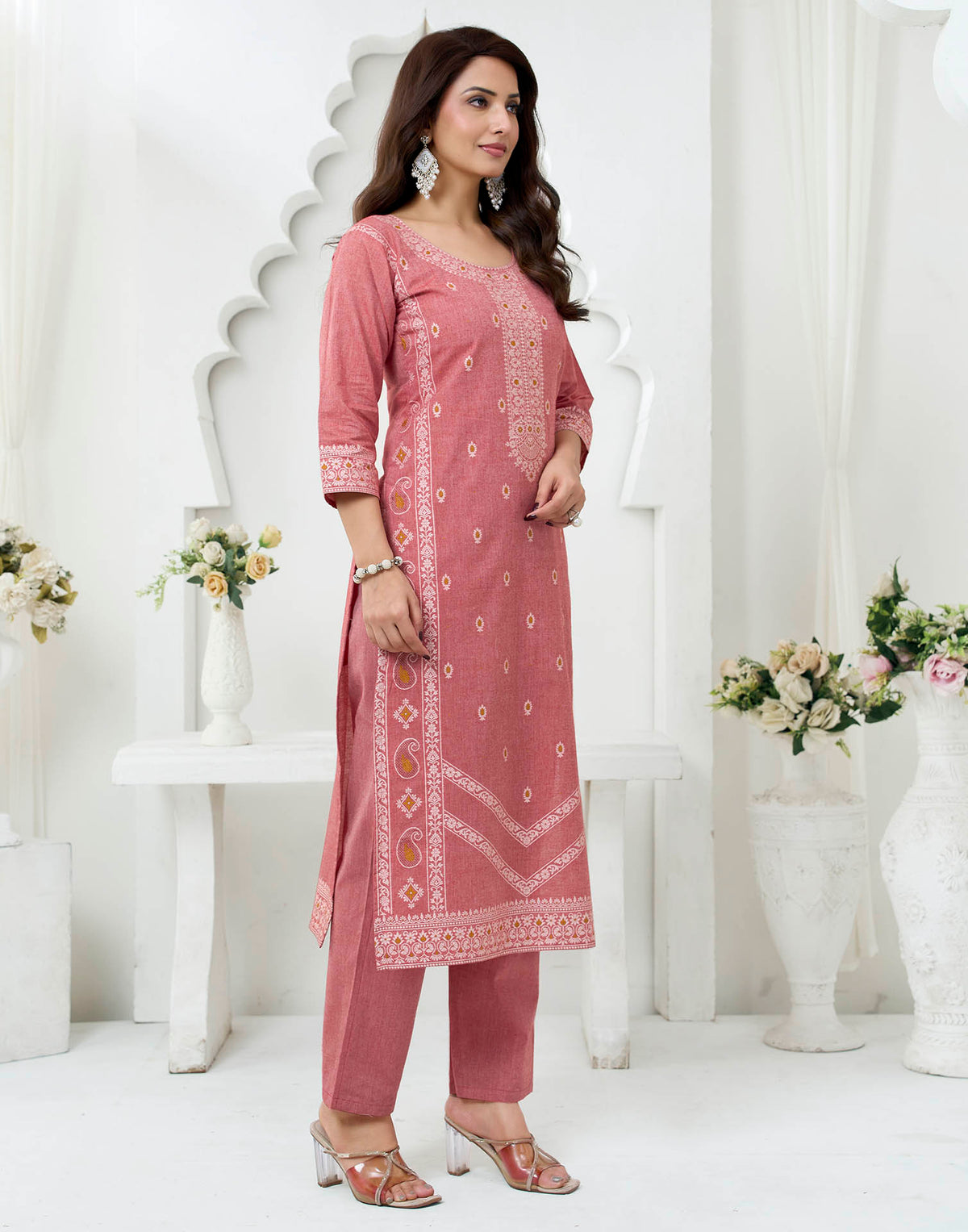 Rust Pure Cotton Woven Straight Kurta Set With Dupatta
