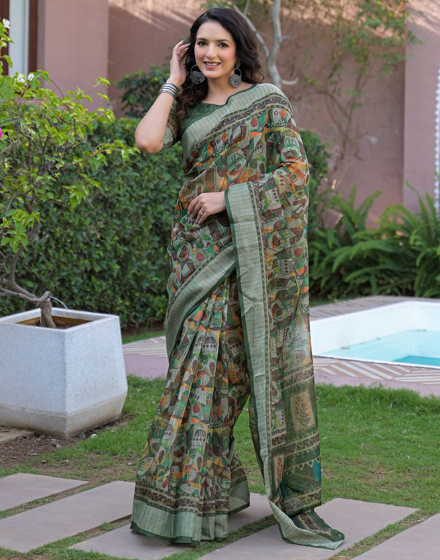 Ready To Wear Multicoloured Linen Printed Embroidery Border Saree
