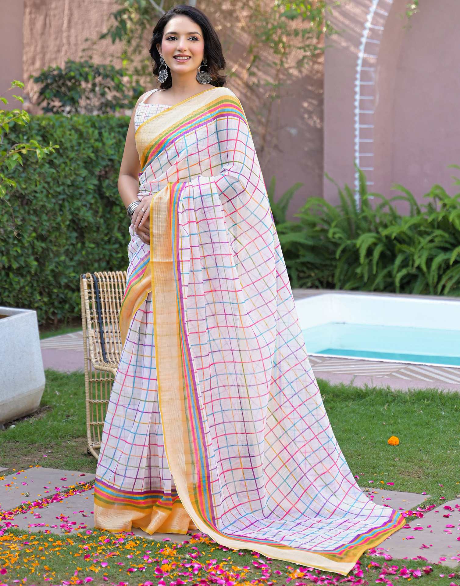 Ready To Wear White Linen Printed Embroidery Border Saree