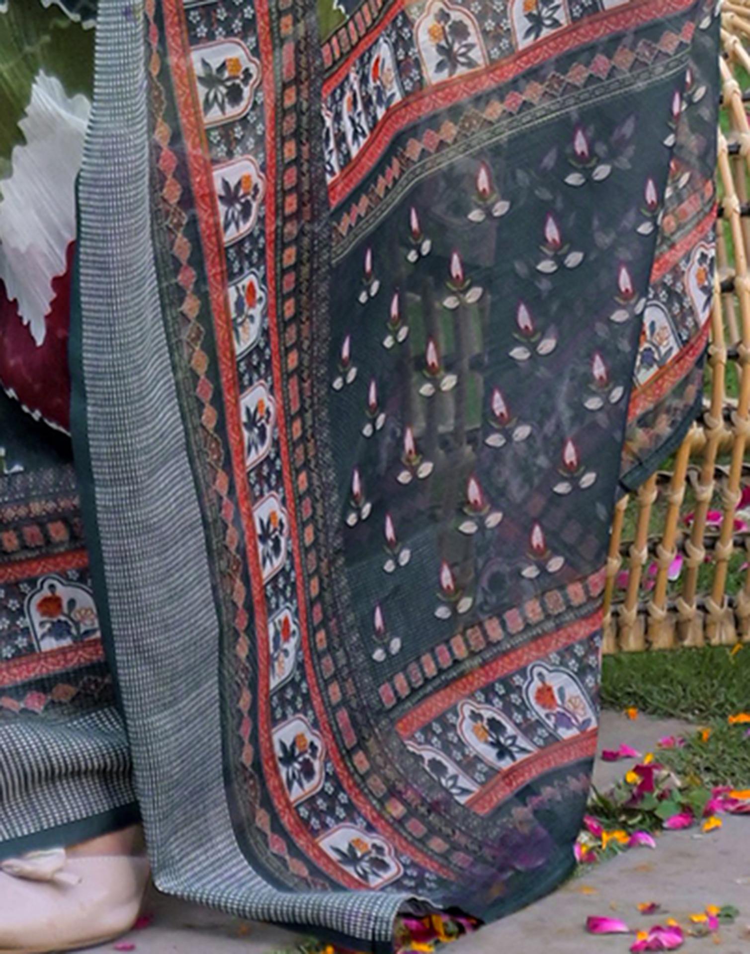 Ready To Wear Multicoloured Linen Printed Embroidery Border Saree