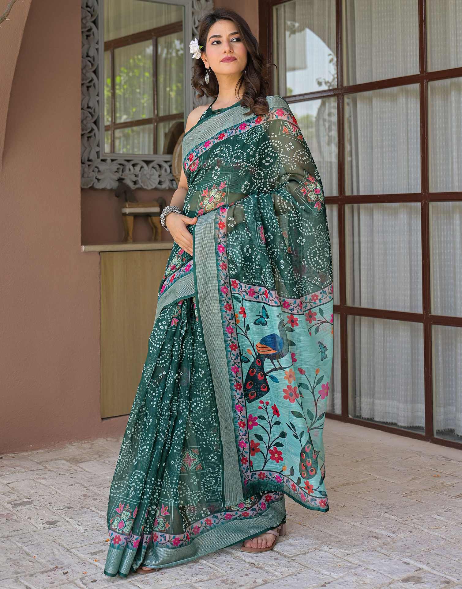 Ready To Wear Dark Green Linen Printed Embroidery Border Saree