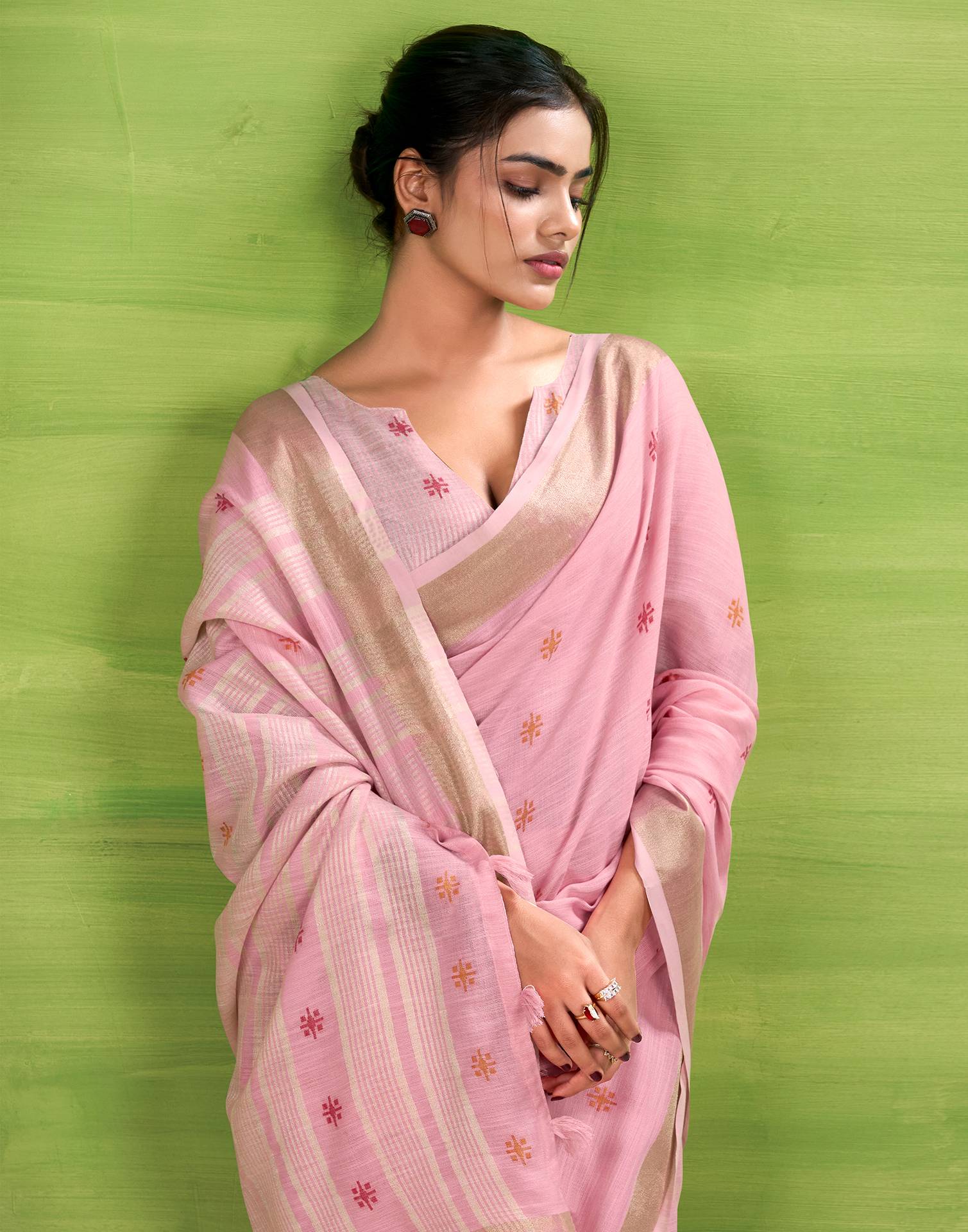 Light Pink Linen Silk Woven Printed Saree