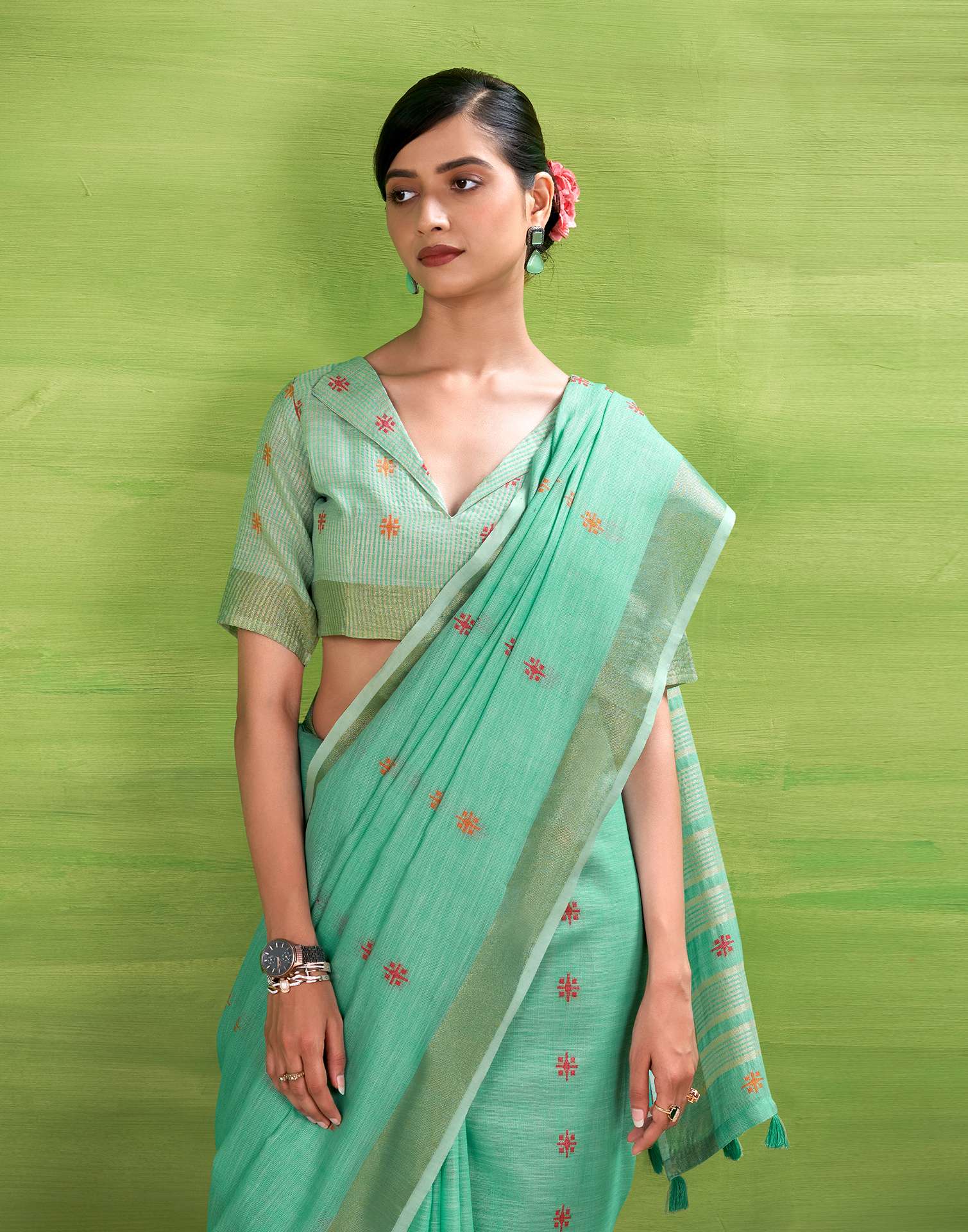 Mint Blue Linen Silk Woven Printed Saree