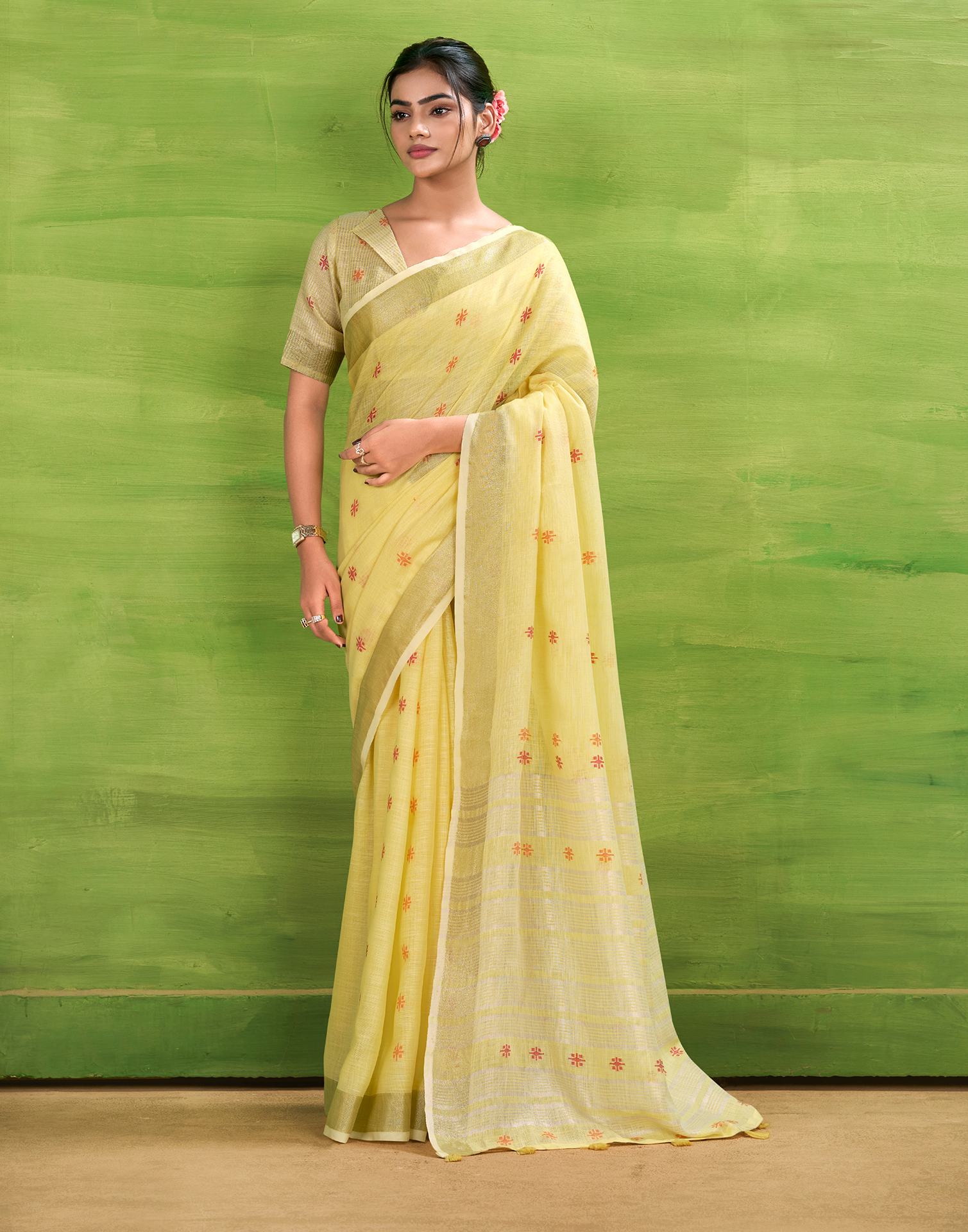 Light Yellow Linen Silk Woven Printed Saree