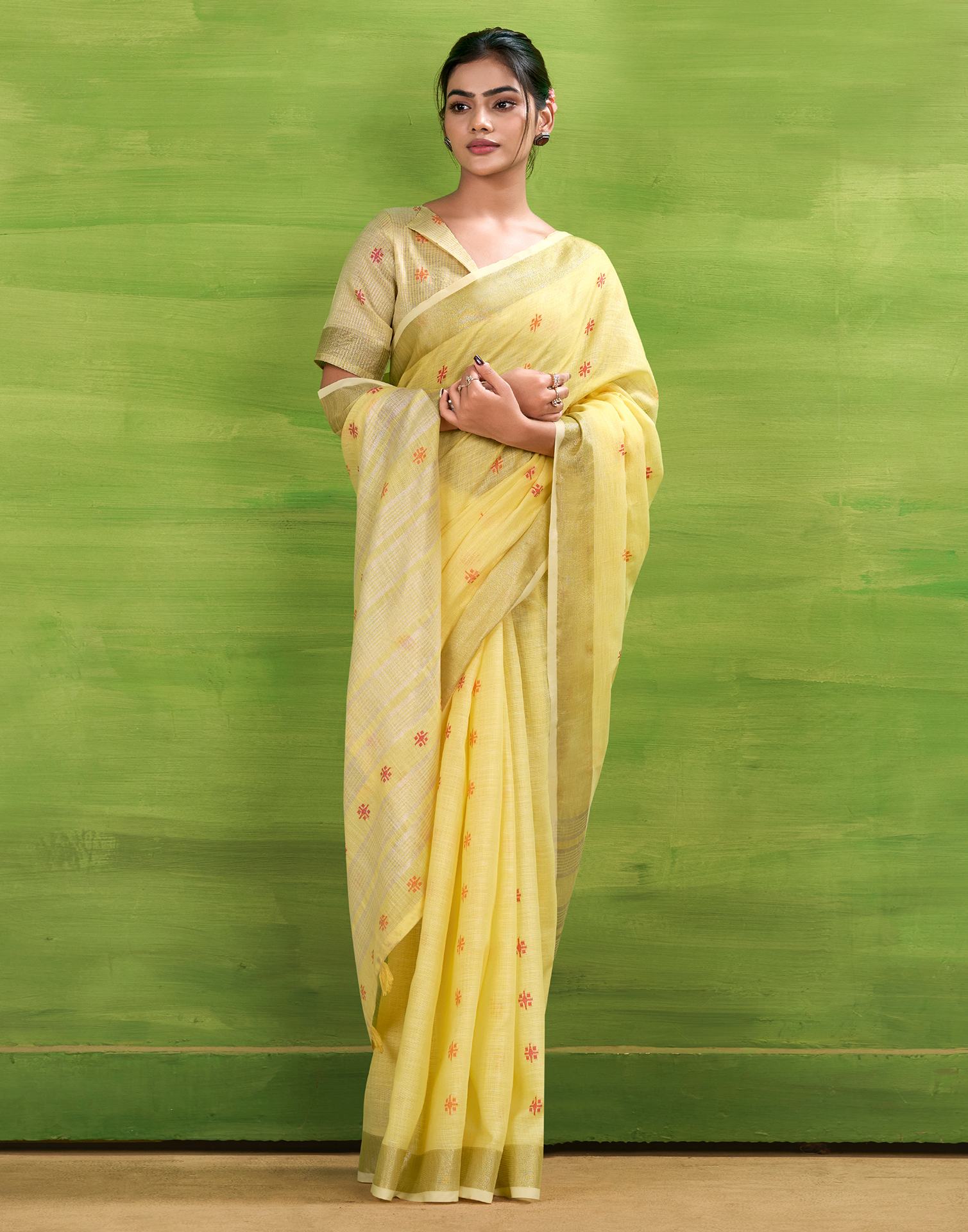 Light Yellow Linen Silk Woven Printed Saree