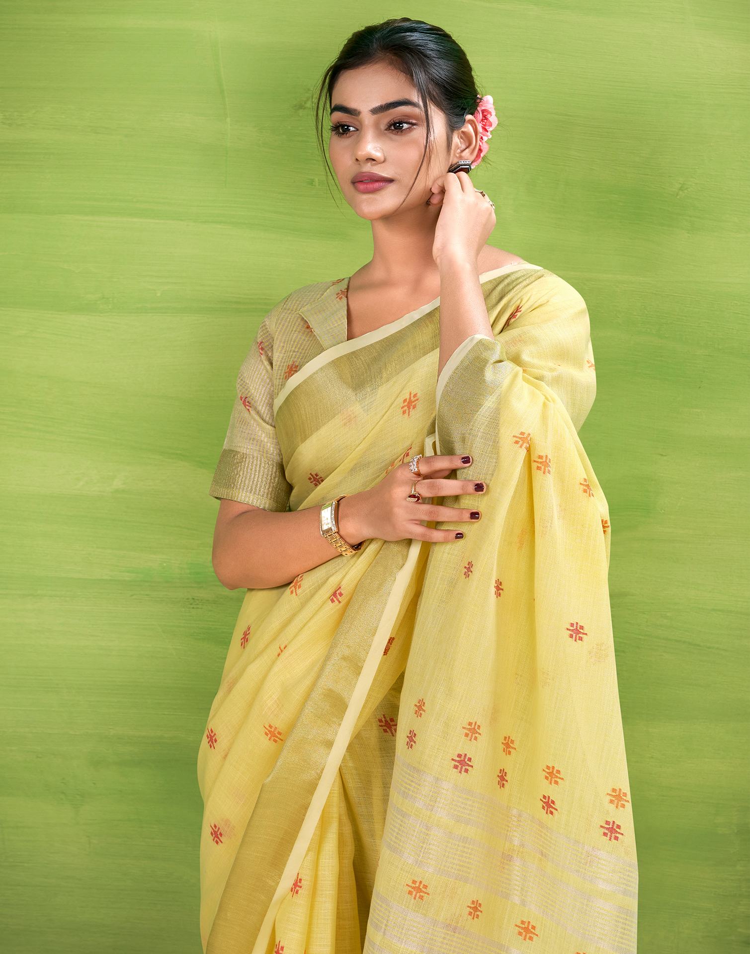 Light Yellow Linen Silk Woven Printed Saree