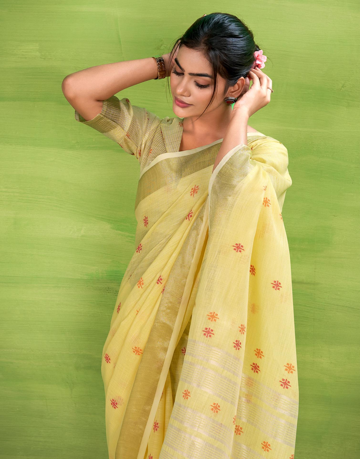 Light Yellow Linen Silk Woven Printed Saree