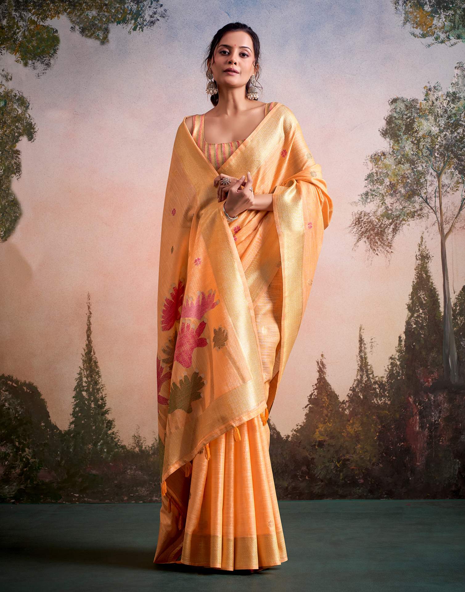 Orange Linen Silk Woven Printed Saree