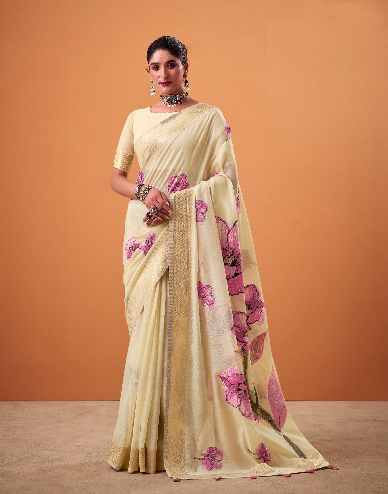 Beige Cotton Floral Printed Saree