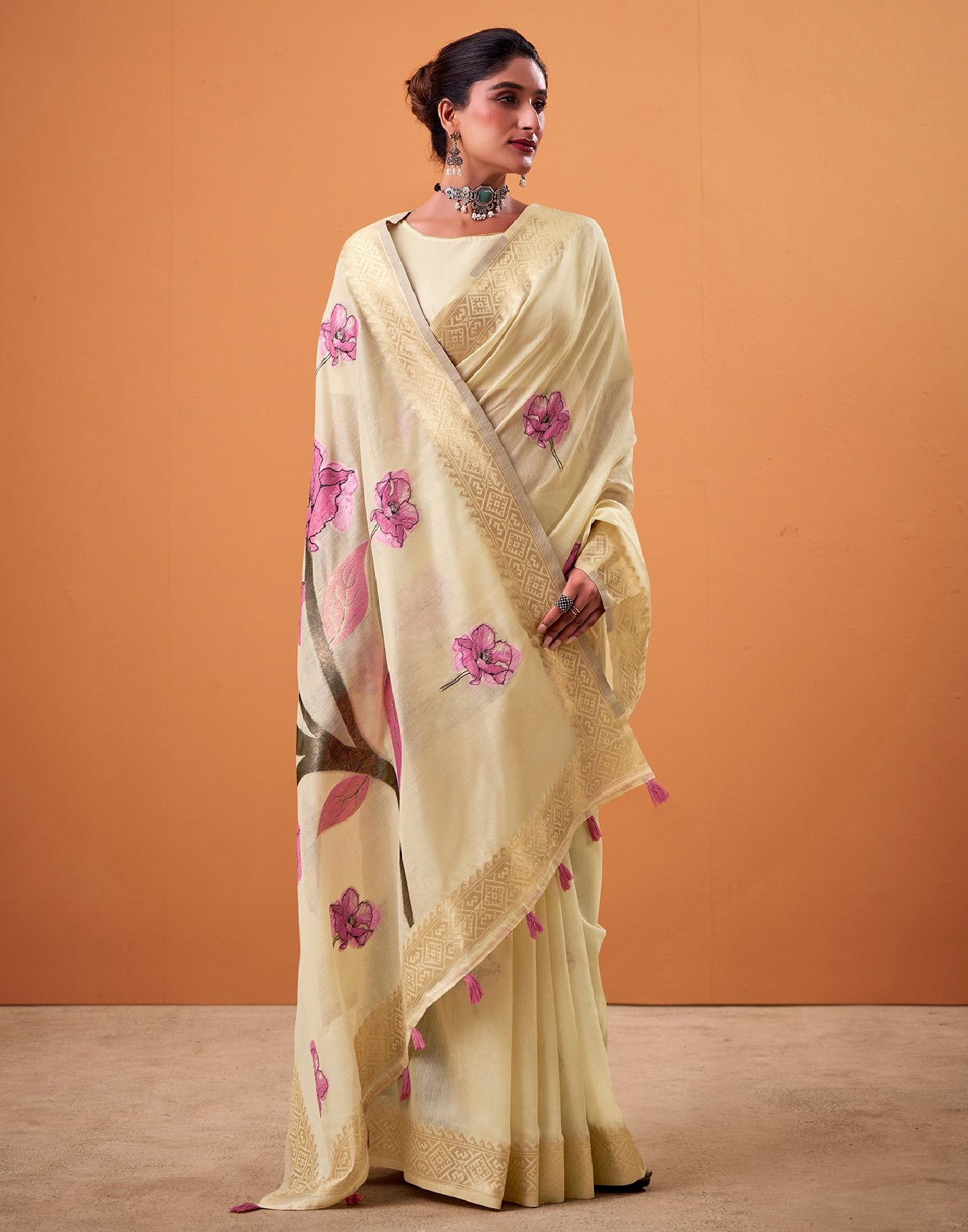 Beige Cotton Floral Printed Saree
