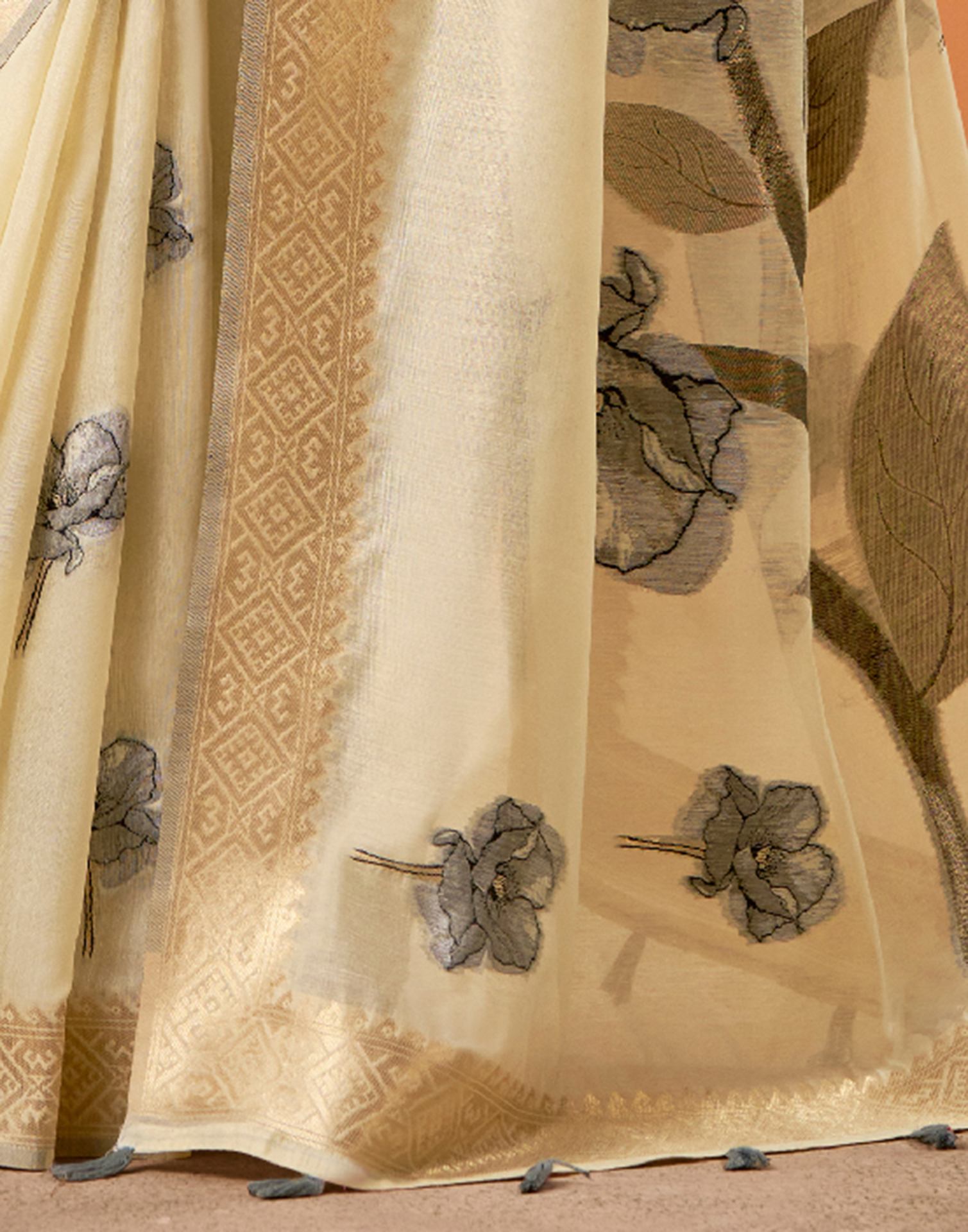 Beige Cotton Floral Printed Saree