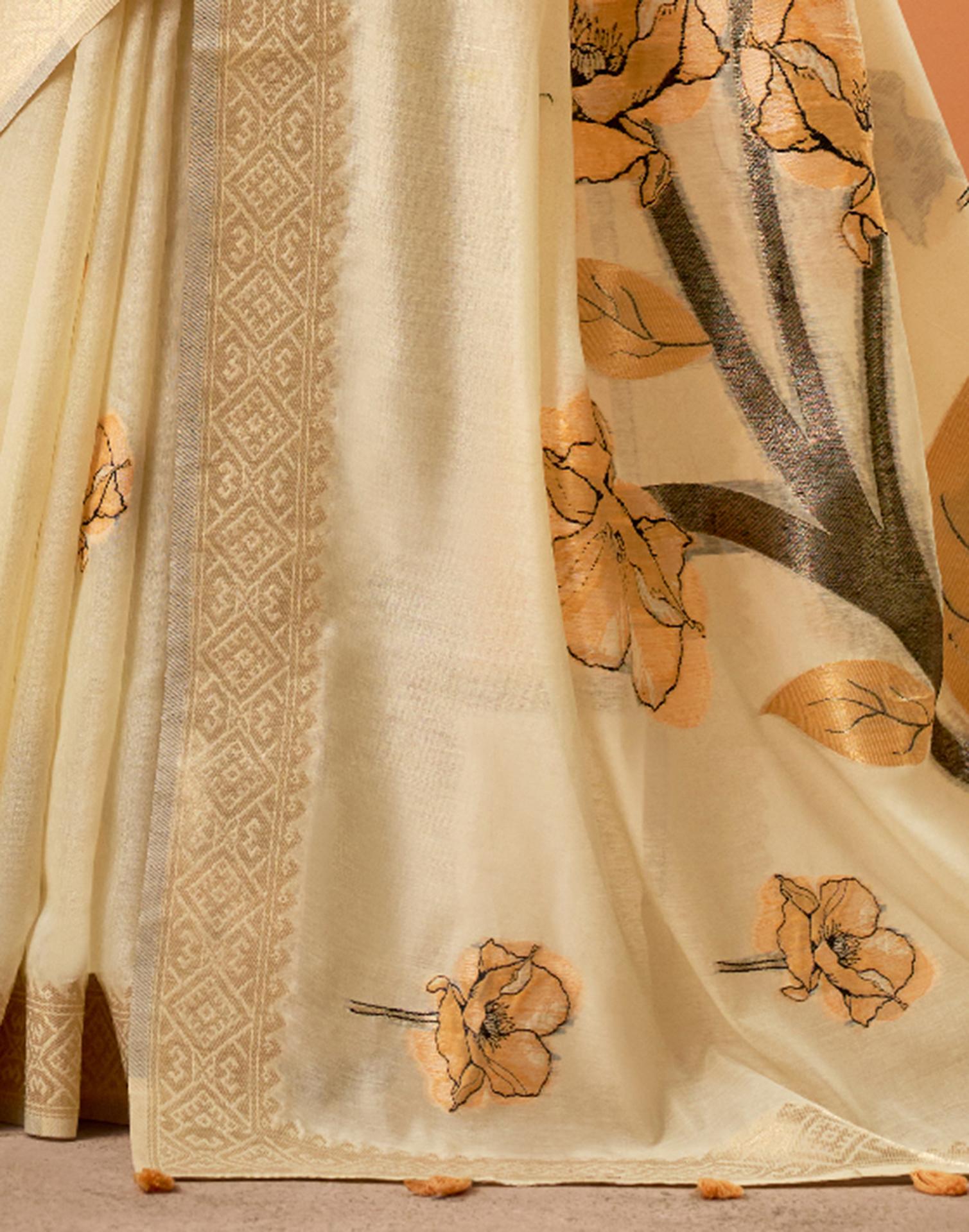 Beige Cotton Floral Printed Saree
