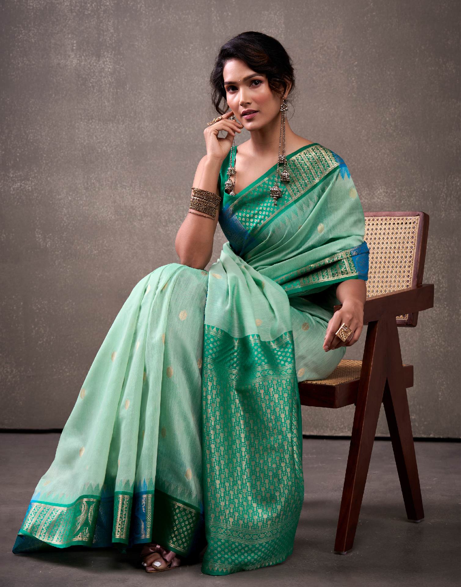 Mint Green Cotton Woven Banarasi Saree
