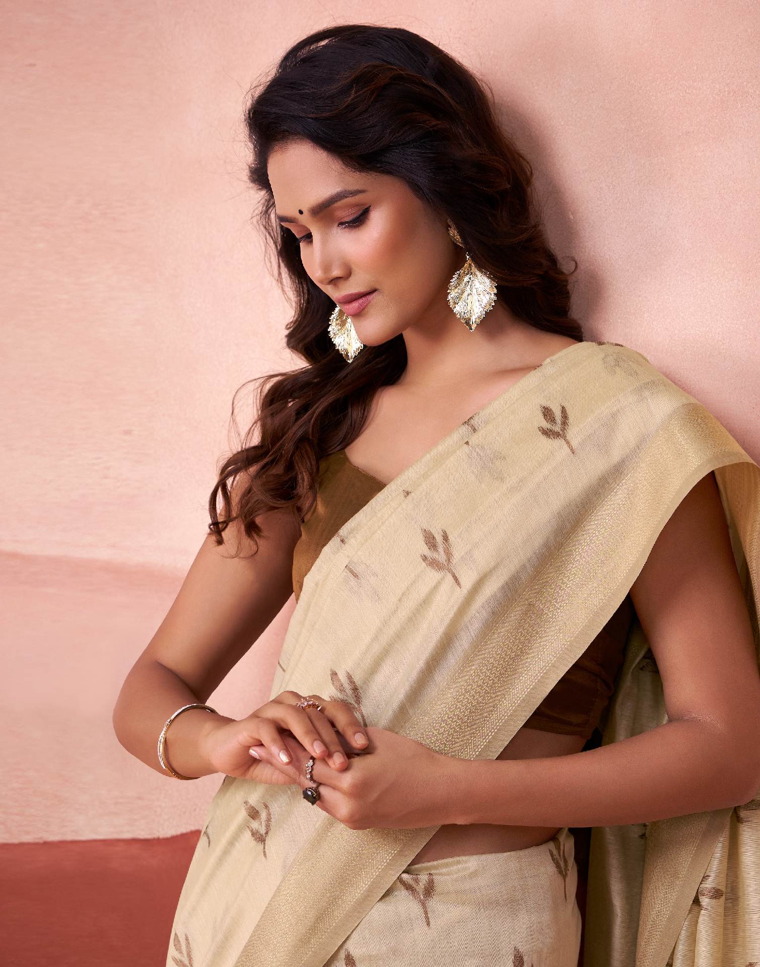 Beige Cotton Woven Printed Saree
