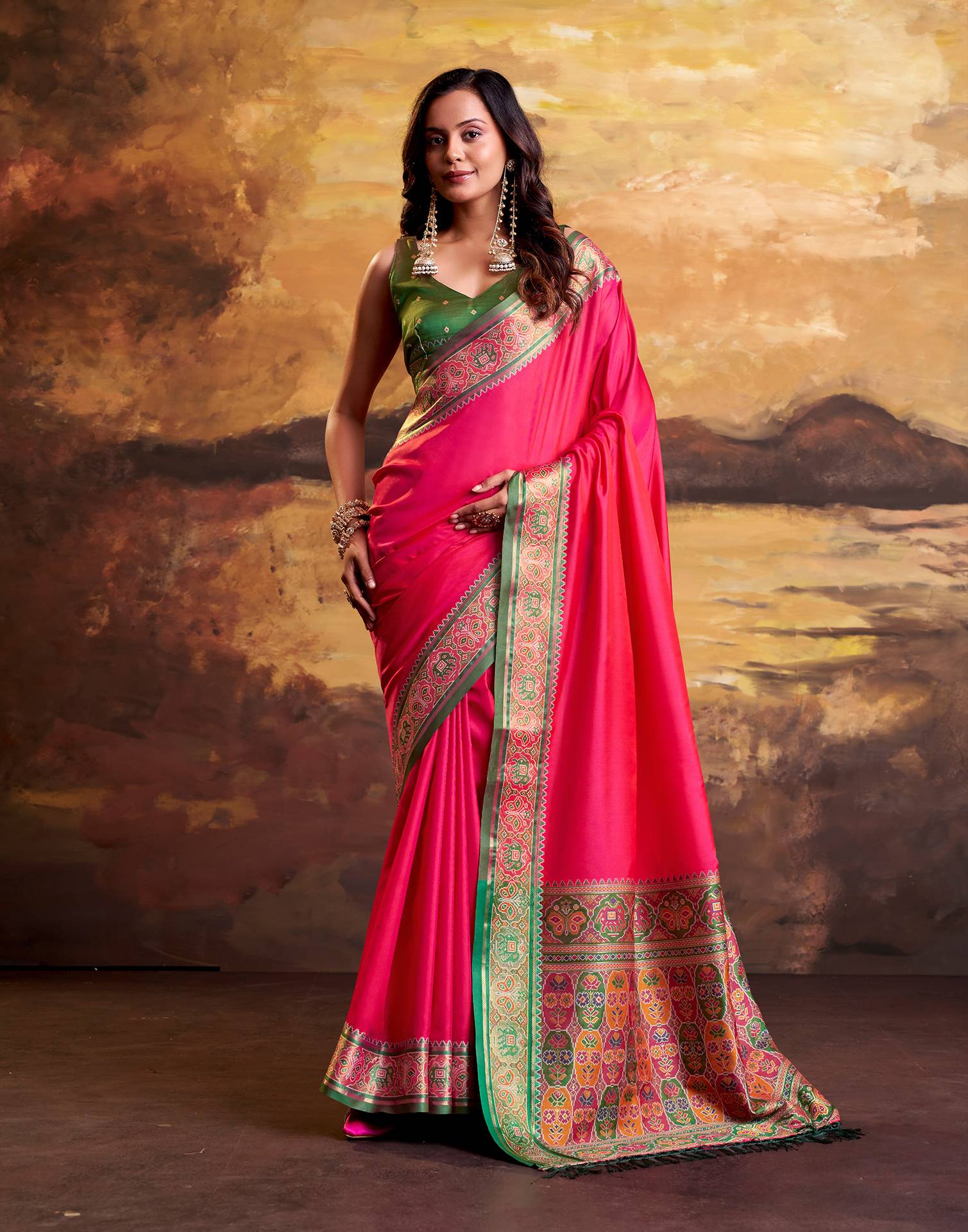 Coral Pink Silk Woven Patola Saree