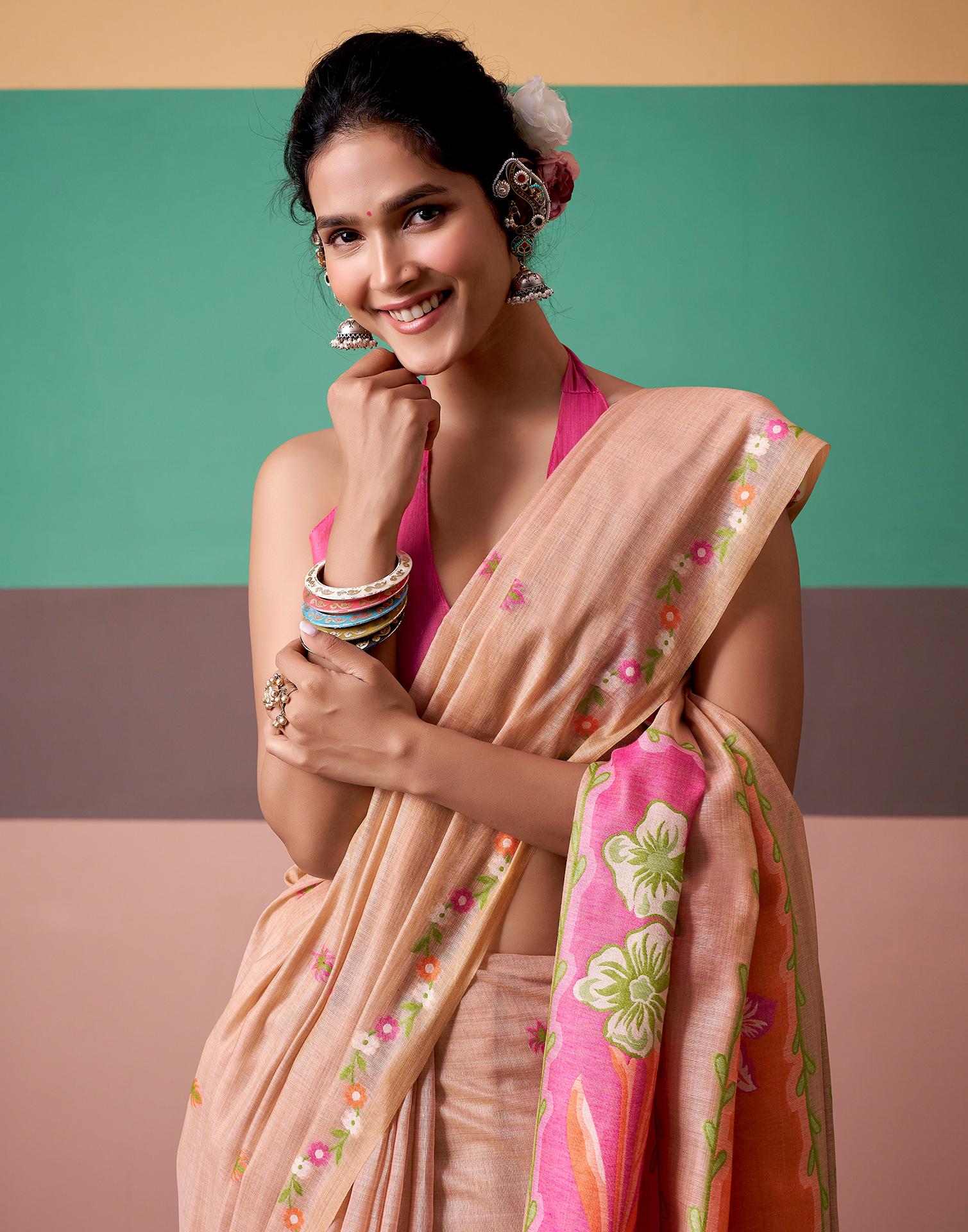 Peach Silk Printed Saree
