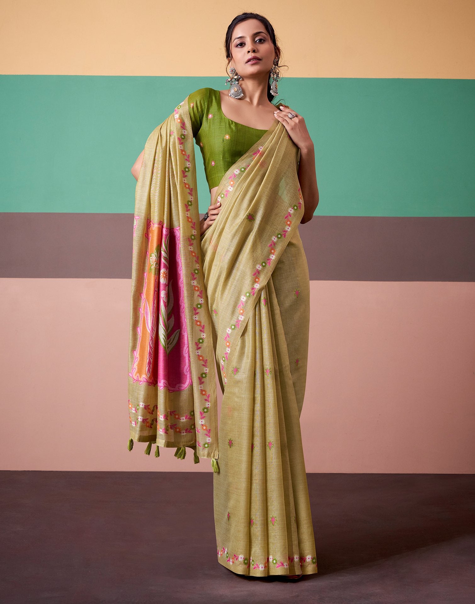 Light Khaki Silk Printed Saree