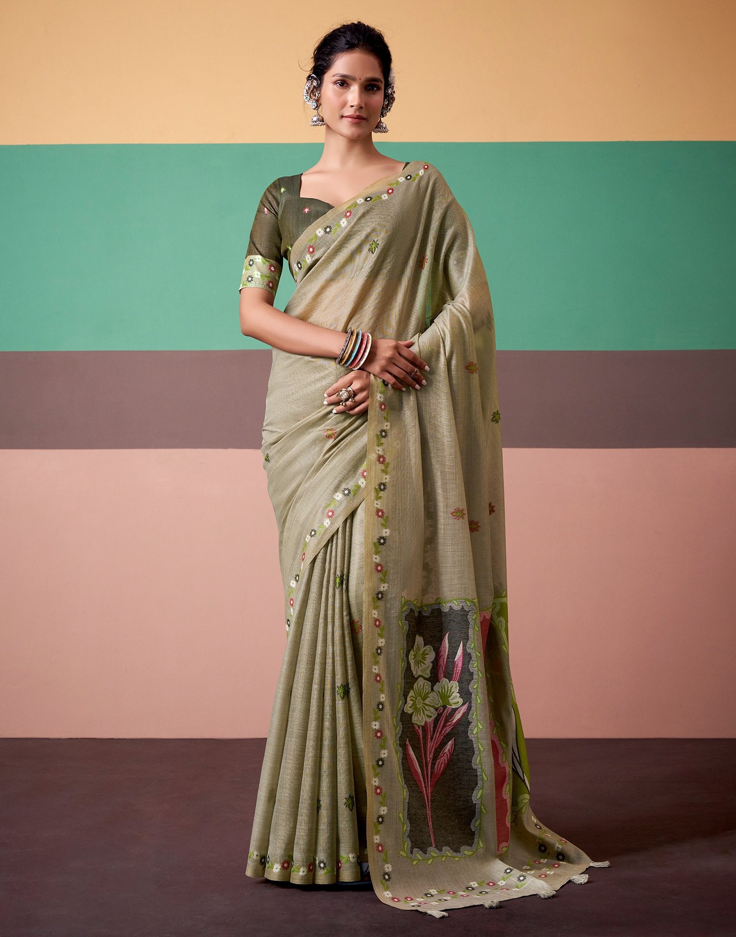Light Olive Green Silk Printed Saree