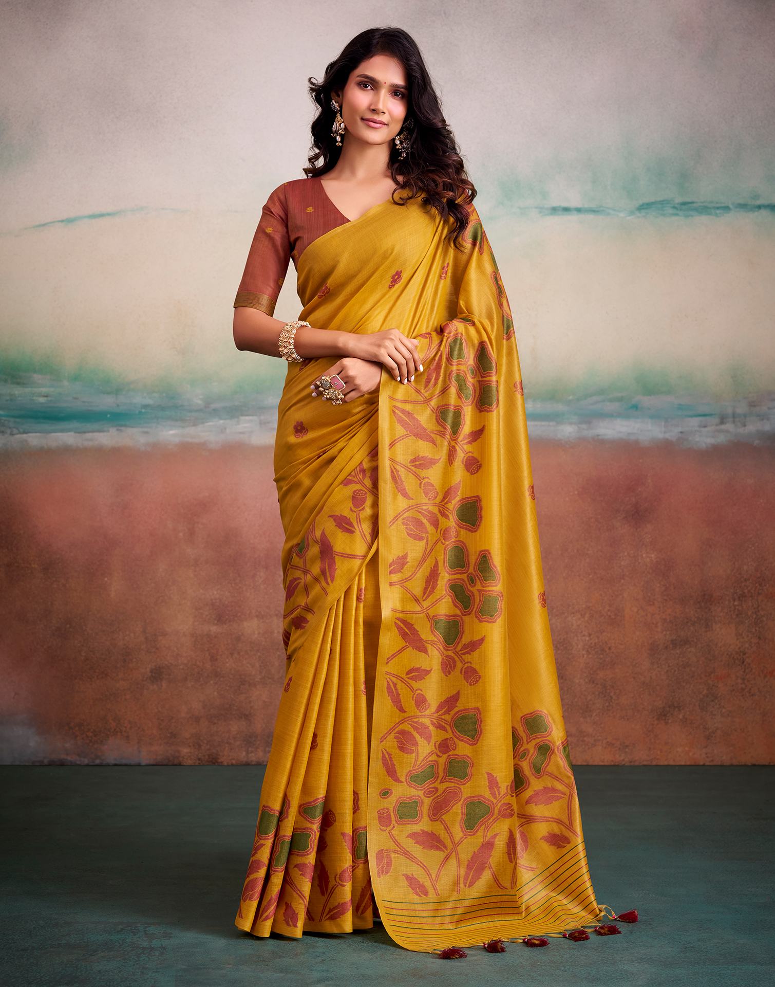 Yellow Silk Printed Saree