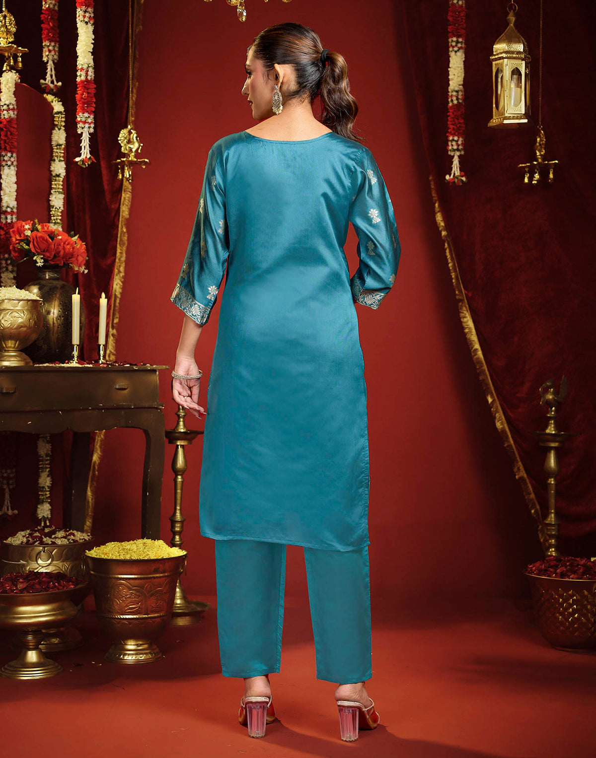 Teal Blue Silk Woven Straight Kurta Set With Dupatta