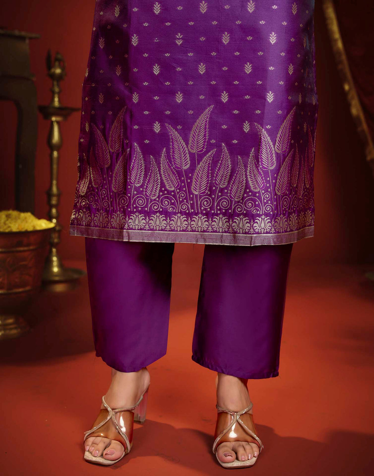 Dark Purple Silk Woven Straight Kurta Set With Dupatta