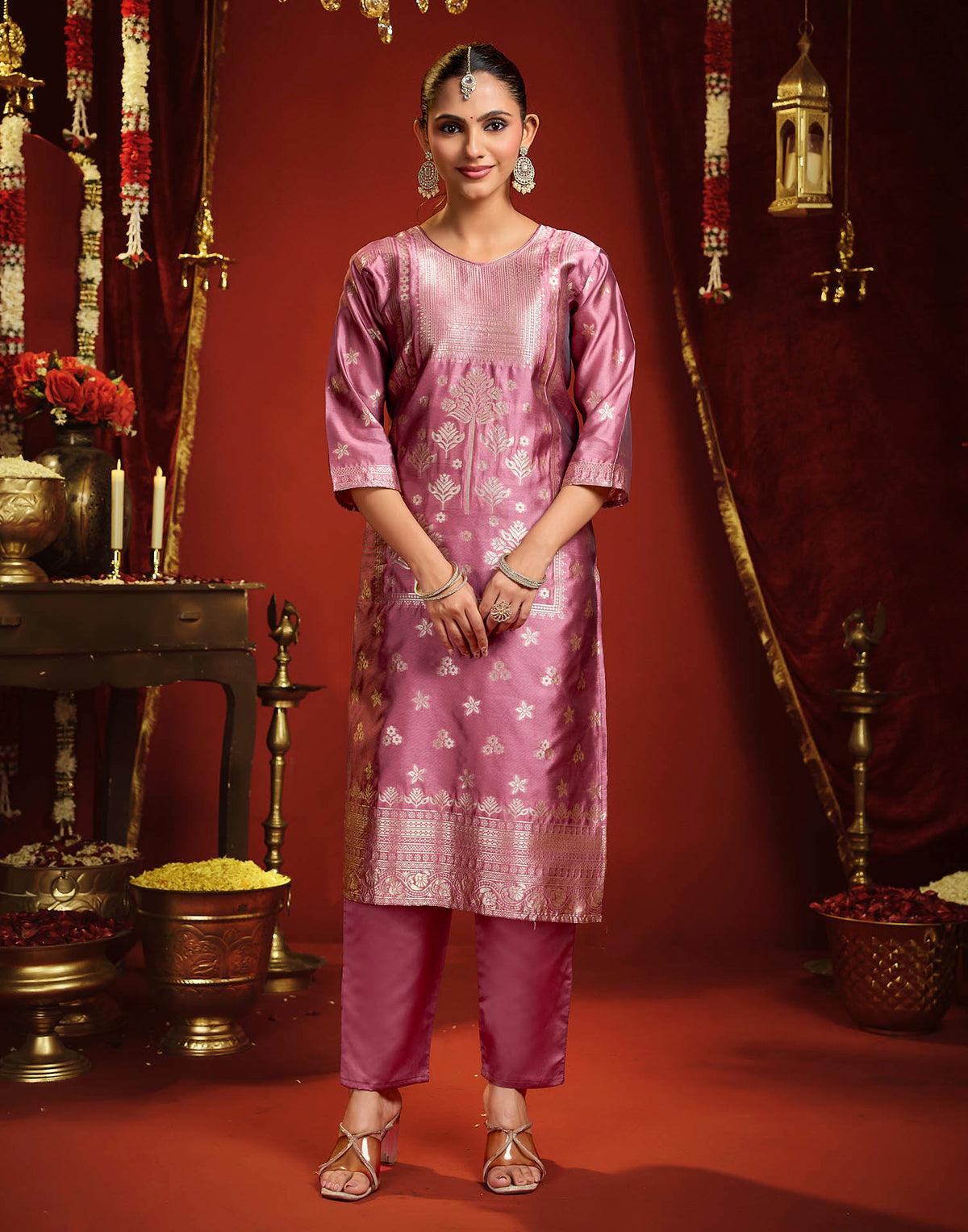 Dusty Rose Pink Silk Woven Straight Kurta Set With Dupatta