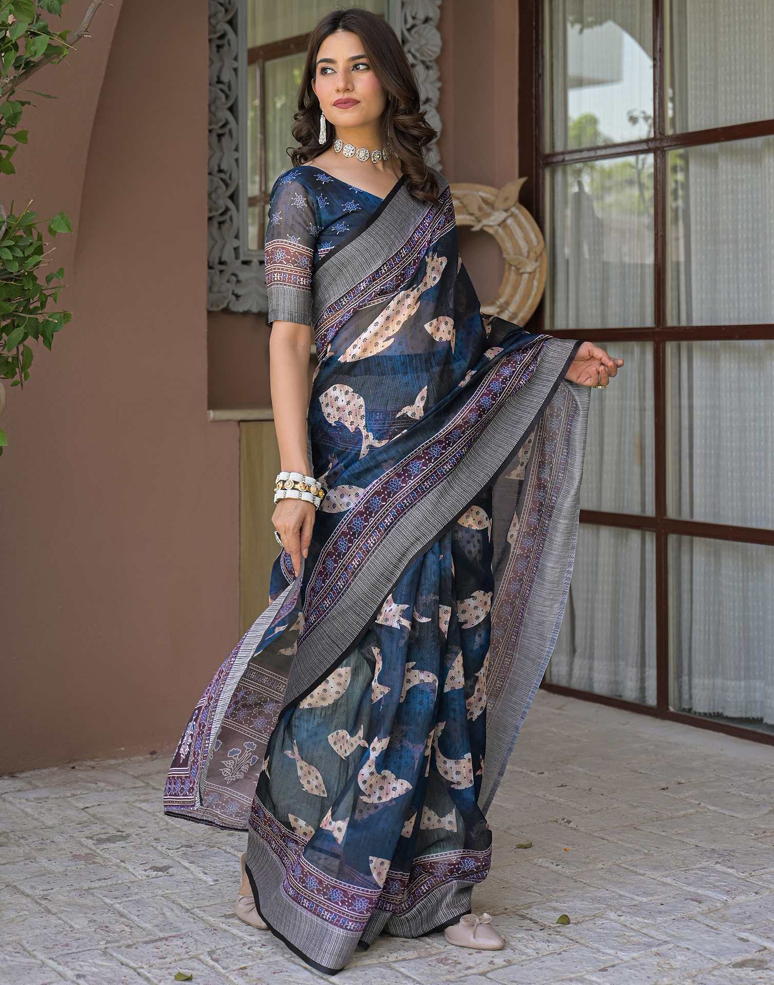Ready To Wear Navy Blue Linen Printed Embroidery Border Saree