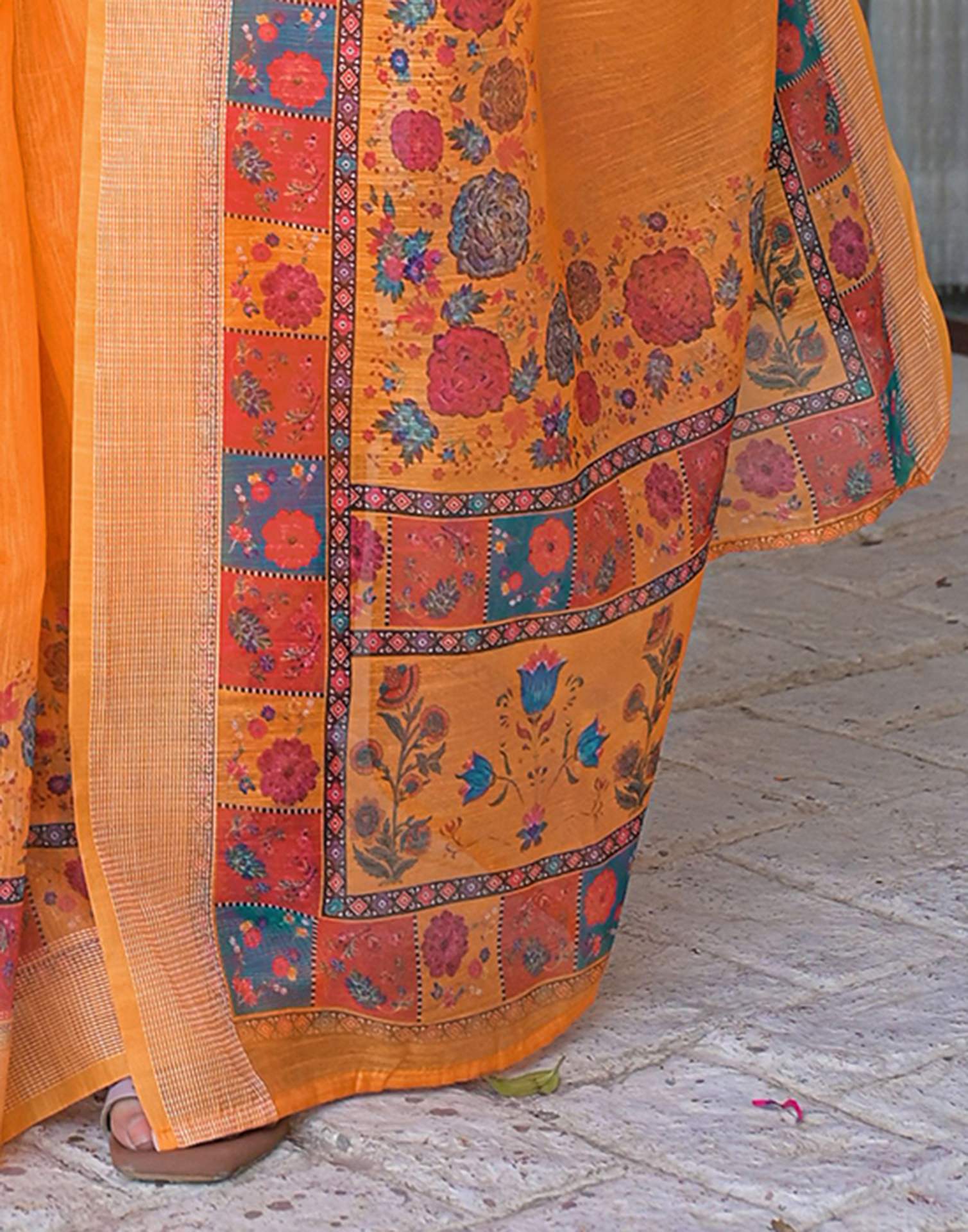 Ready To Wear Orange Linen Printed Embroidery Border Saree