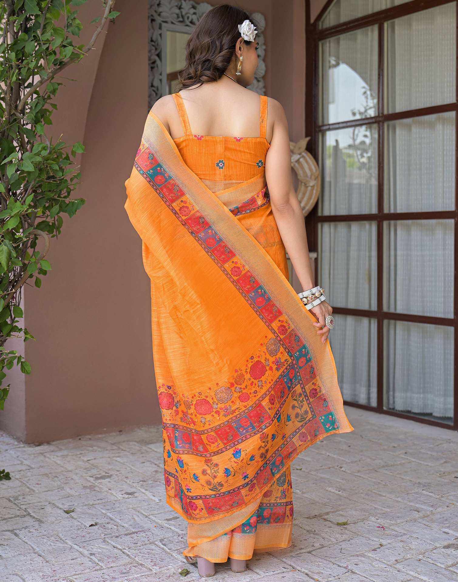 Ready To Wear Orange Linen Printed Embroidery Border Saree