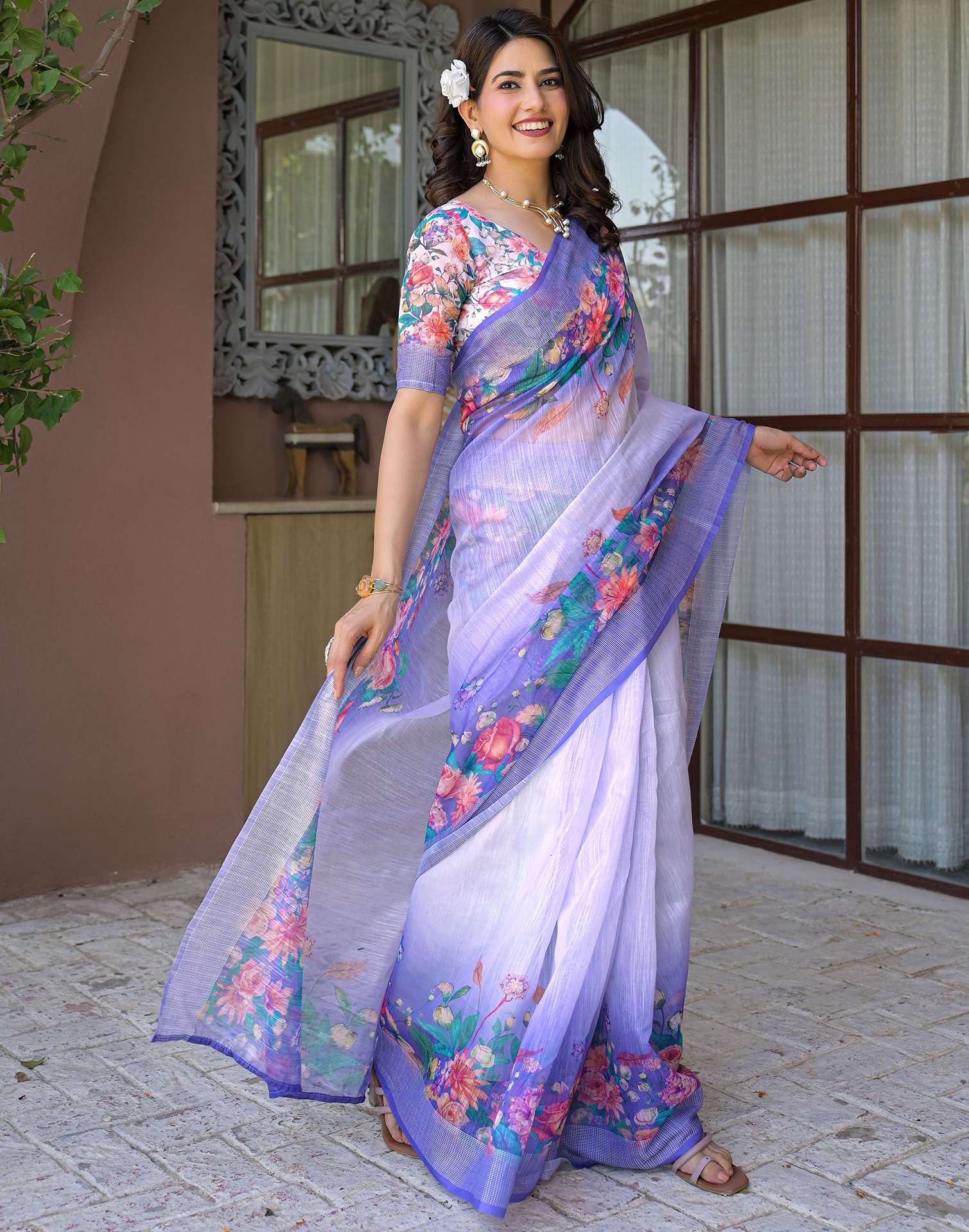 Ready To Wear Lavender Linen Floral Printed Saree