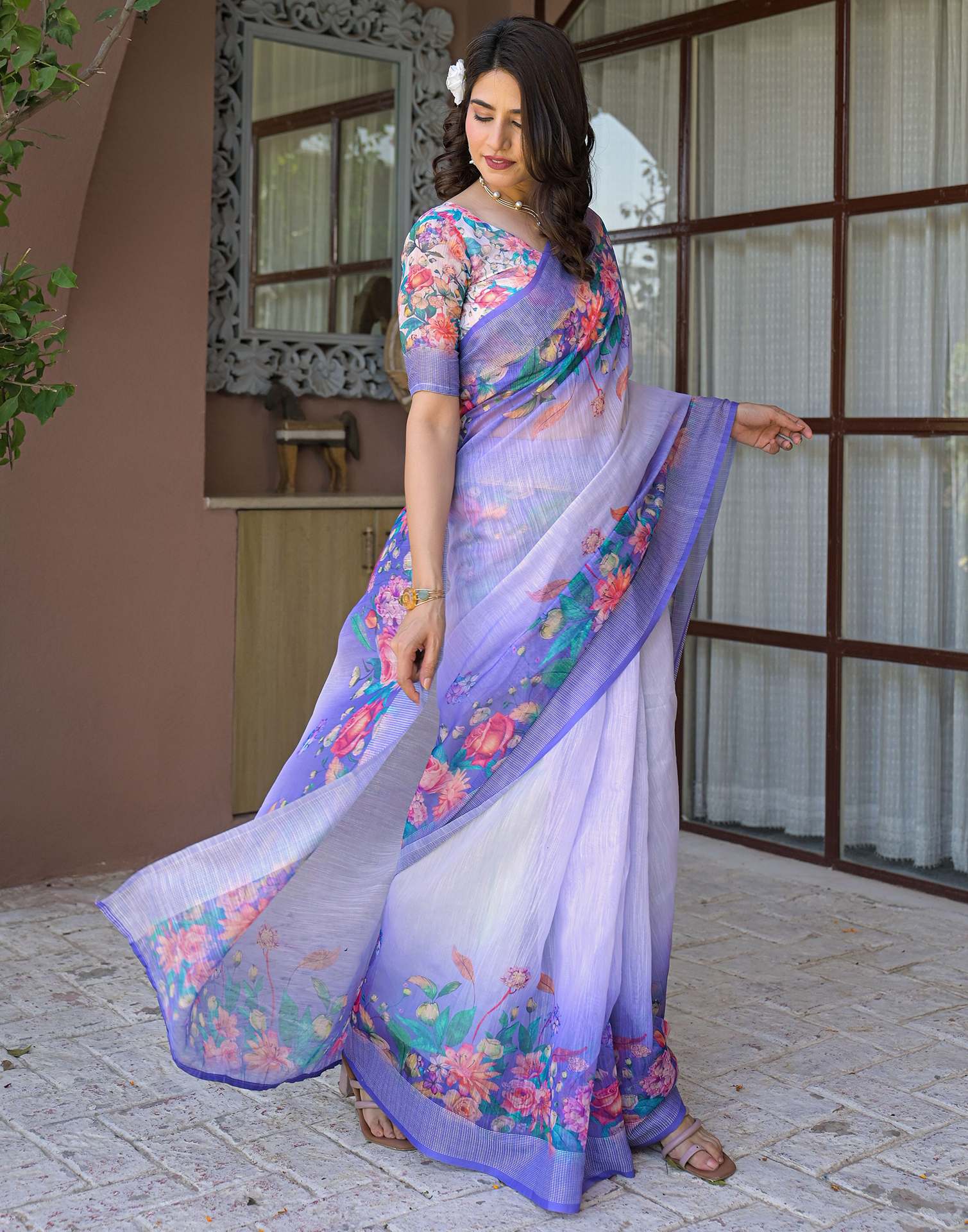 Ready To Wear Lavender Linen Floral Printed Saree