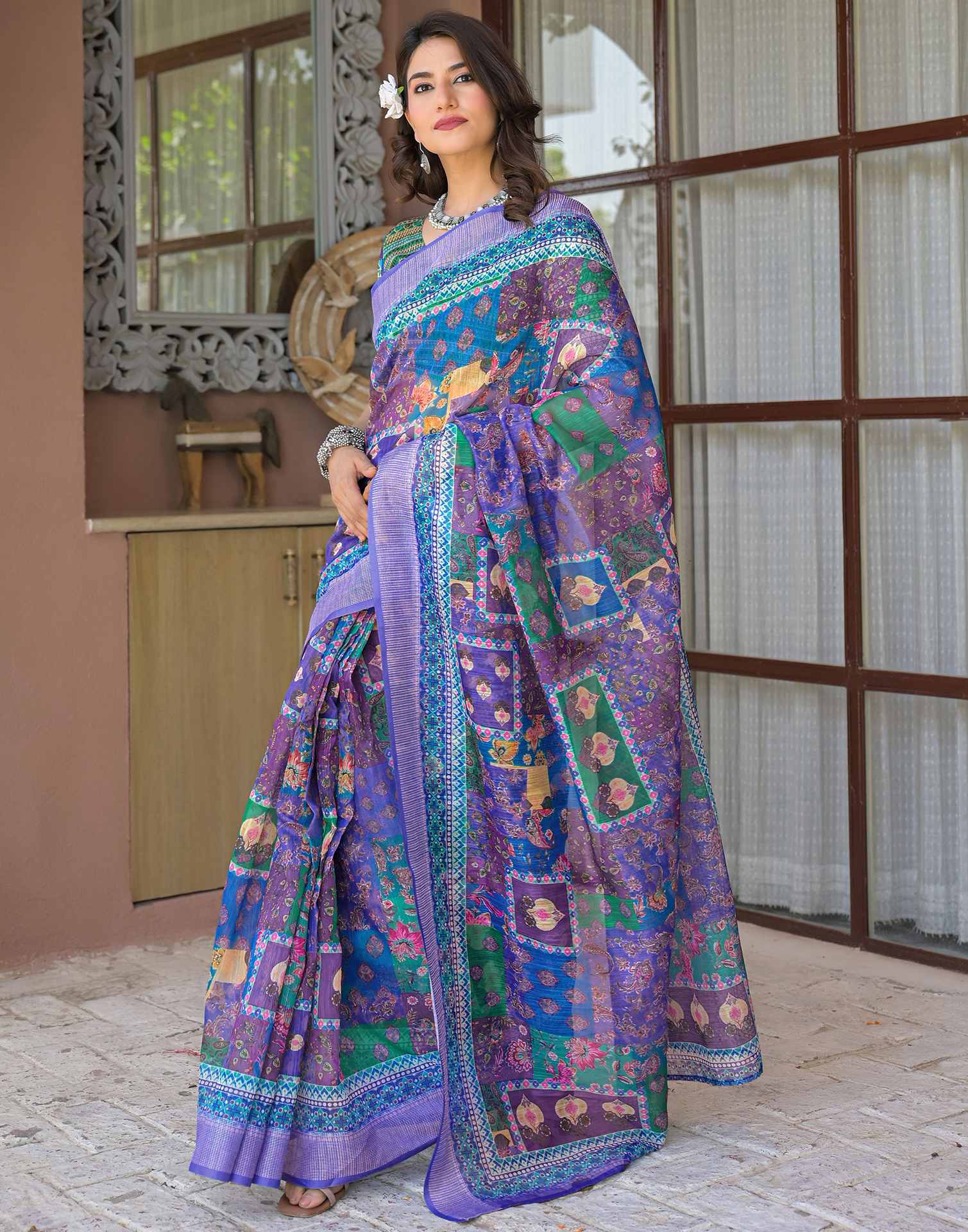 Ready To Wear Purple Linen Printed Embroidery Border Saree