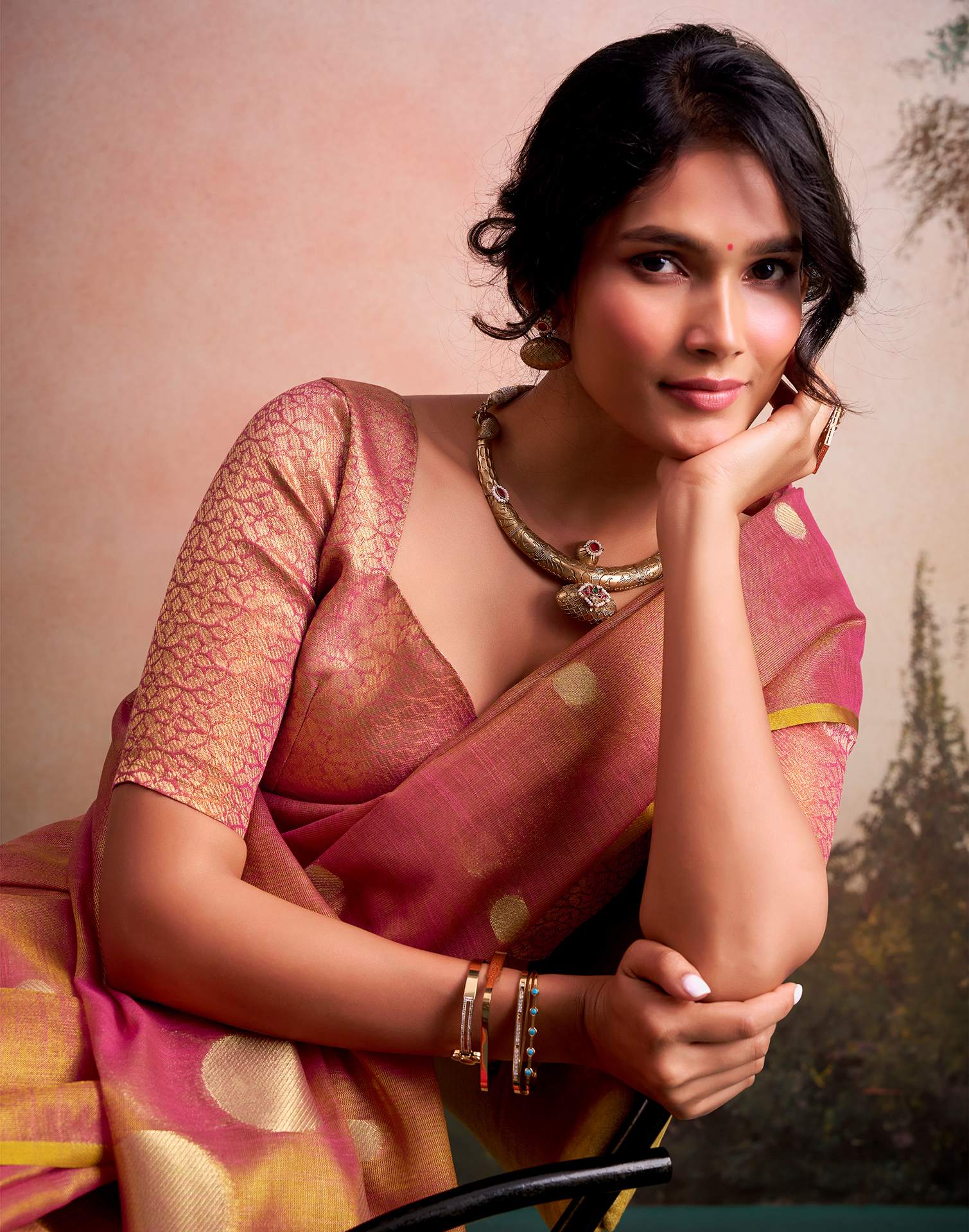 Coral Pink Tissue Silk Woven Saree